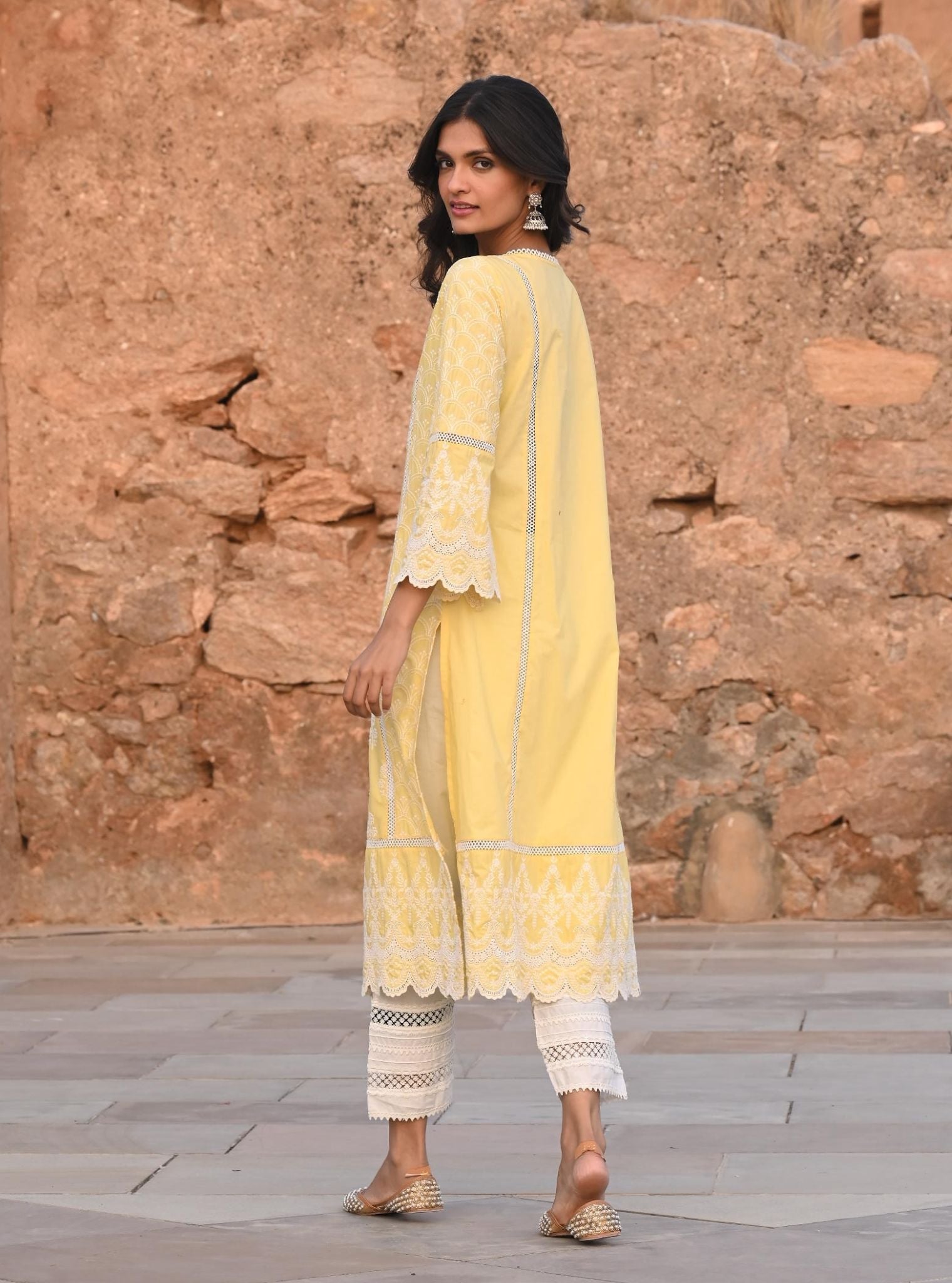 Mulmul Supima Satin Blair Yellow Kurta With Multi Lace Slim White Pant