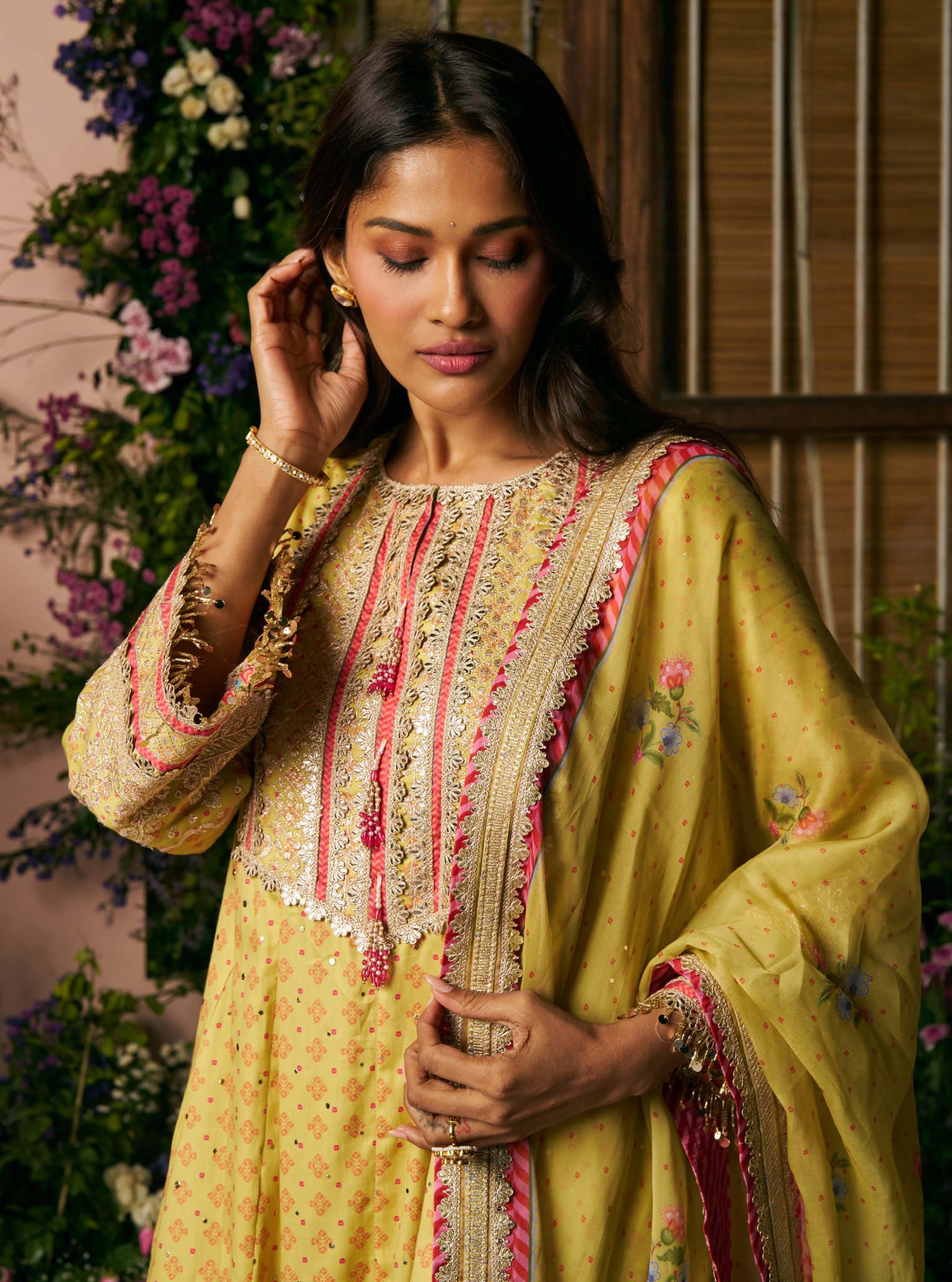 Maitri Pima Satin Lime Printed Kurta Set