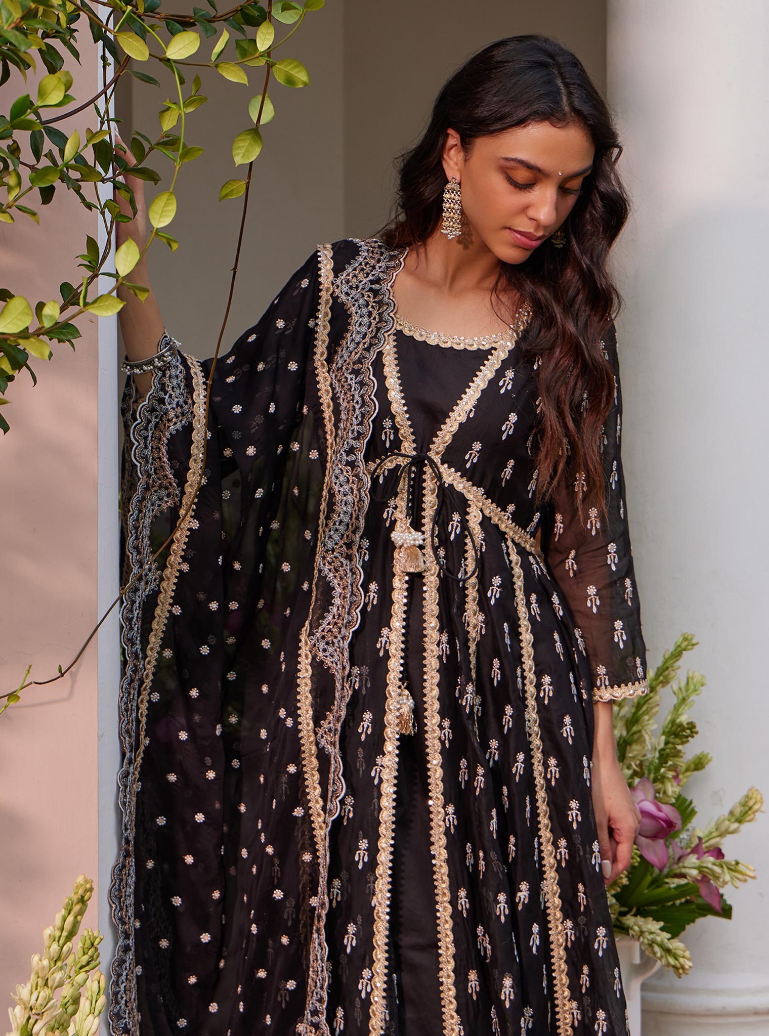 Mulmul Organza Samici Black Anarkali Kurta With Mulmul Pima Samici Black Pant