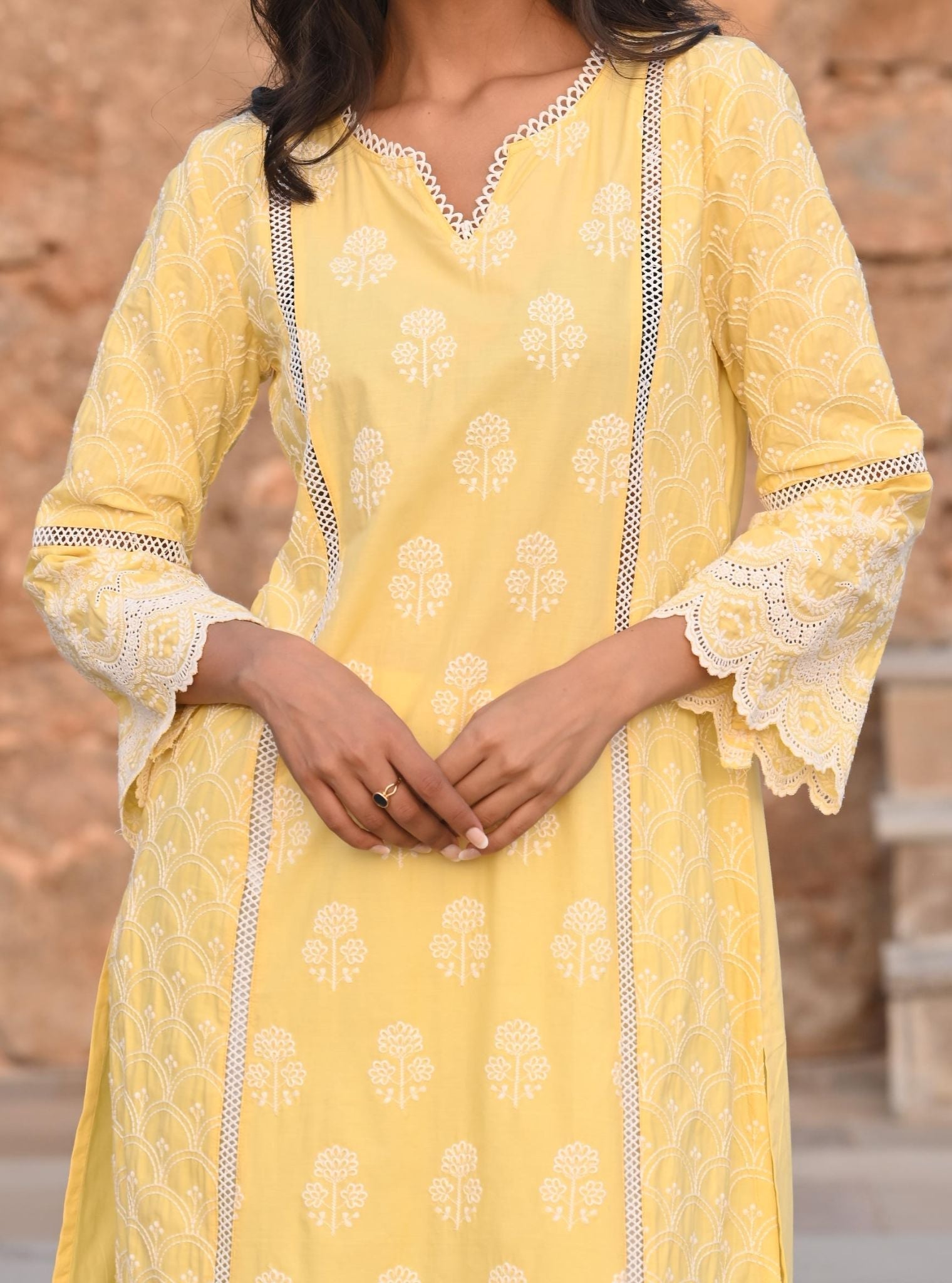 Mulmul Supima Satin Blair Yellow Kurta With Multi Lace Slim White Pant