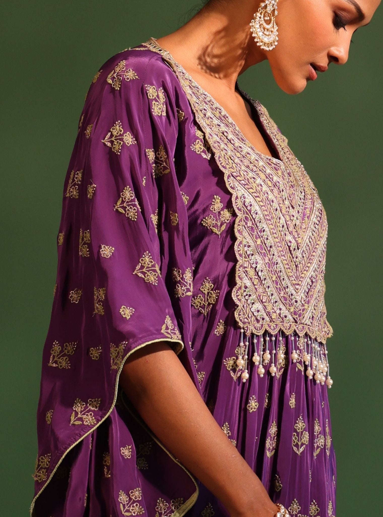 Mulmul Crepe Janam Purple Kaftan With Mulmul Pima Satin Janam Purple Pant