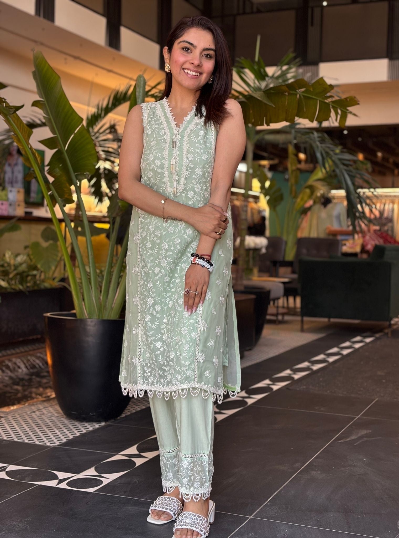 Mulmul Organza Cassandra Green Kurta With Mulmul Cotton Cassandra Green Pant