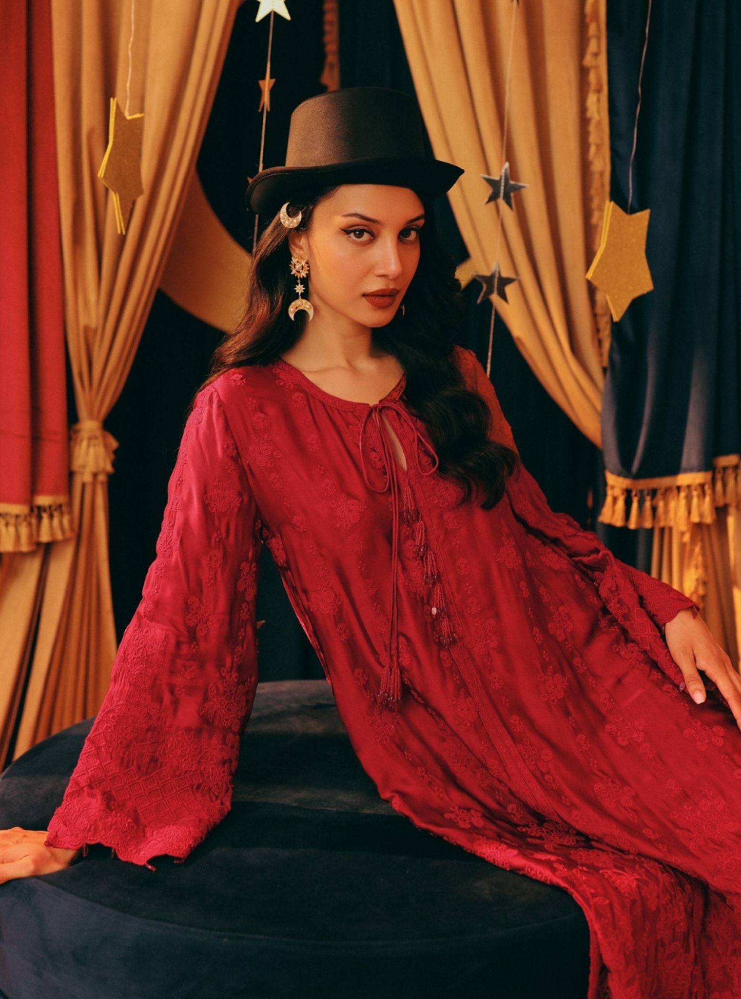 Arlette Cupro Satin Red Long Kaftan Set