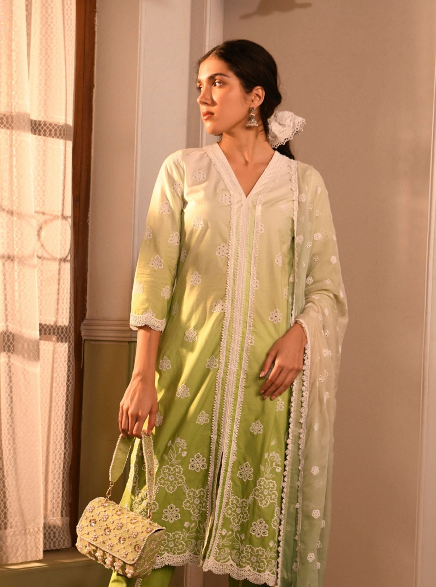 Mulmul Cotton Brie Green Kurta With Mulmul Cotton Brie Green Pant