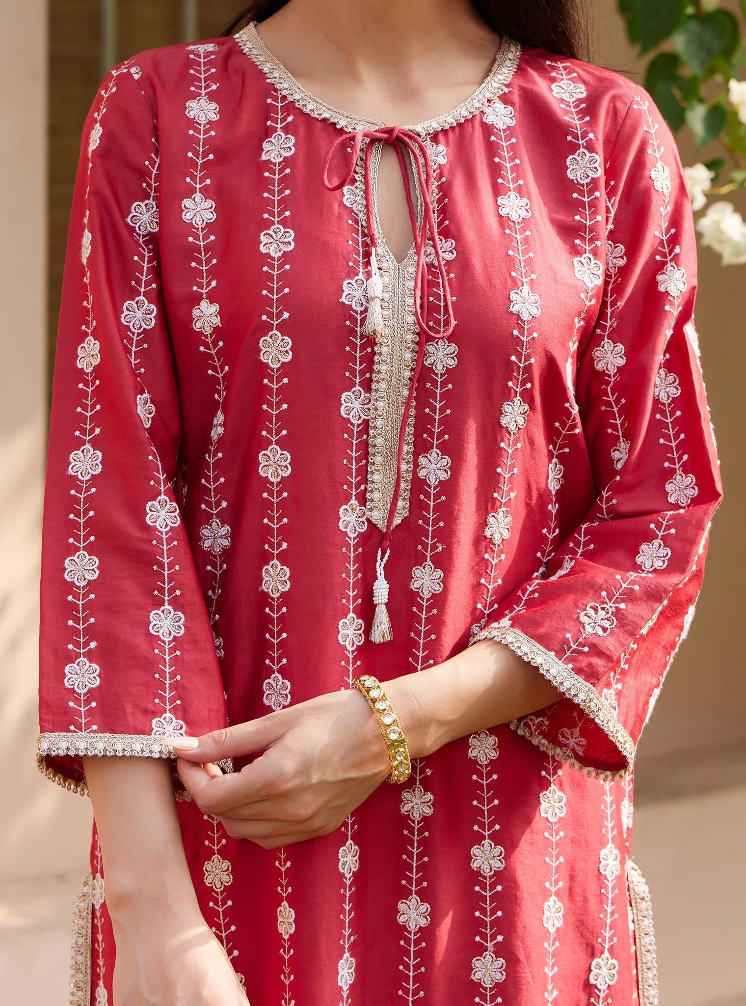 Mulmul Pima Jheel Red Kurta With Mulmul Jheel Red Pant