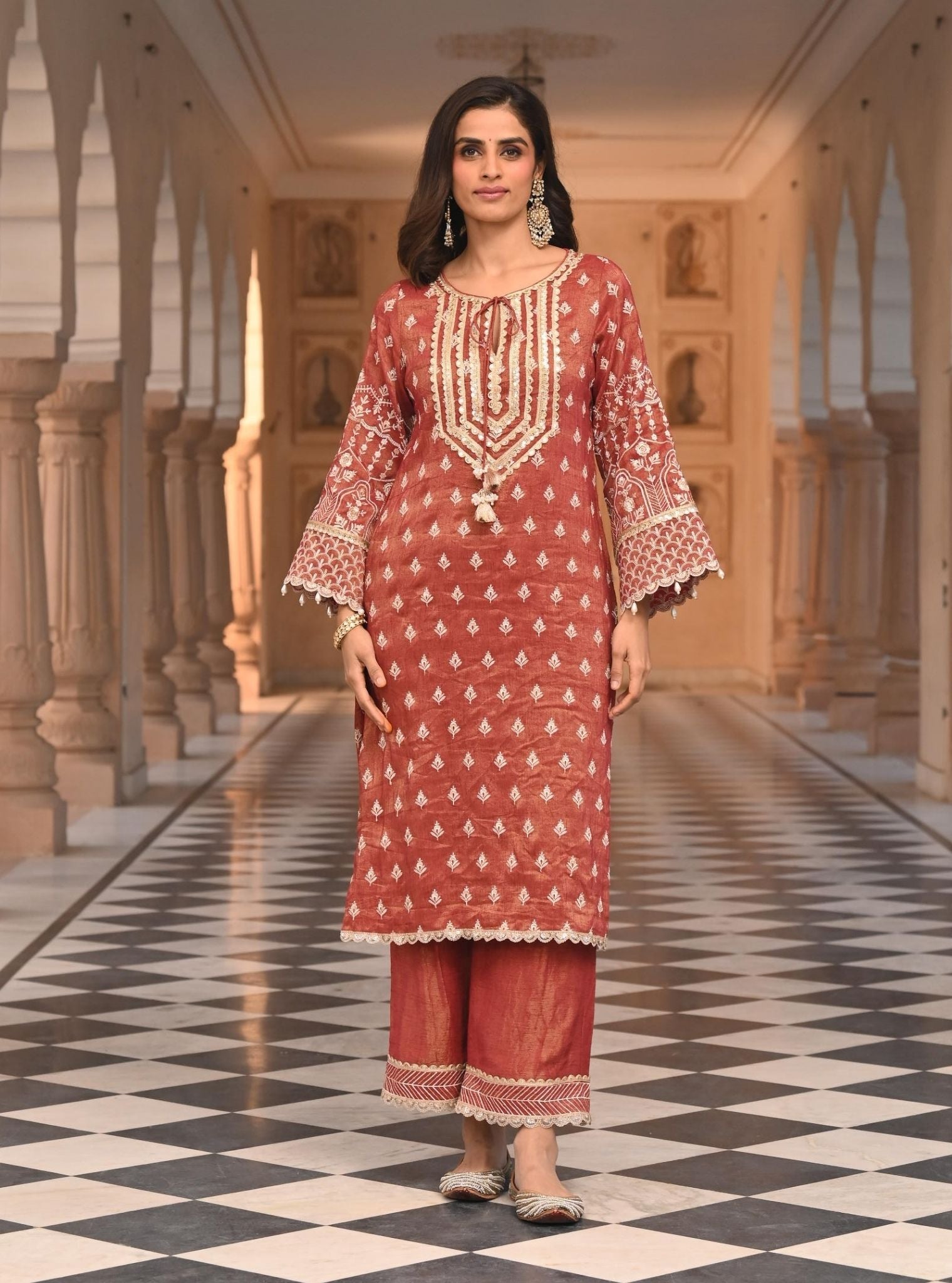 Mulmul Luxe Tissue Satin Dholna Red Kurta with Mulmul Luxe Tissue Satin Dholna Red Pant