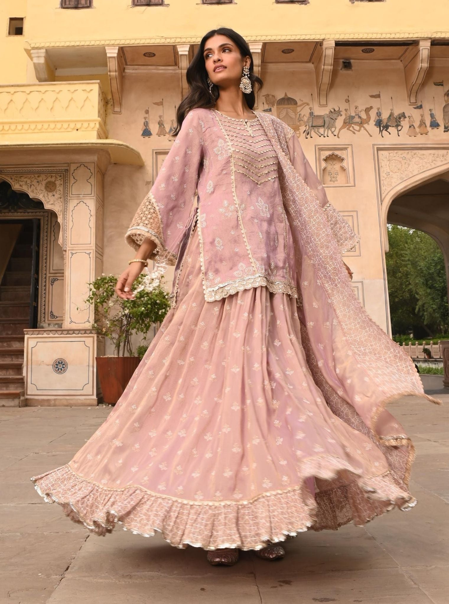 Mulmul Luxe Tissue Satin Lamhe Lilac Kurta with Mulmul Luxe Tissue Lamhe Lilac Skirt