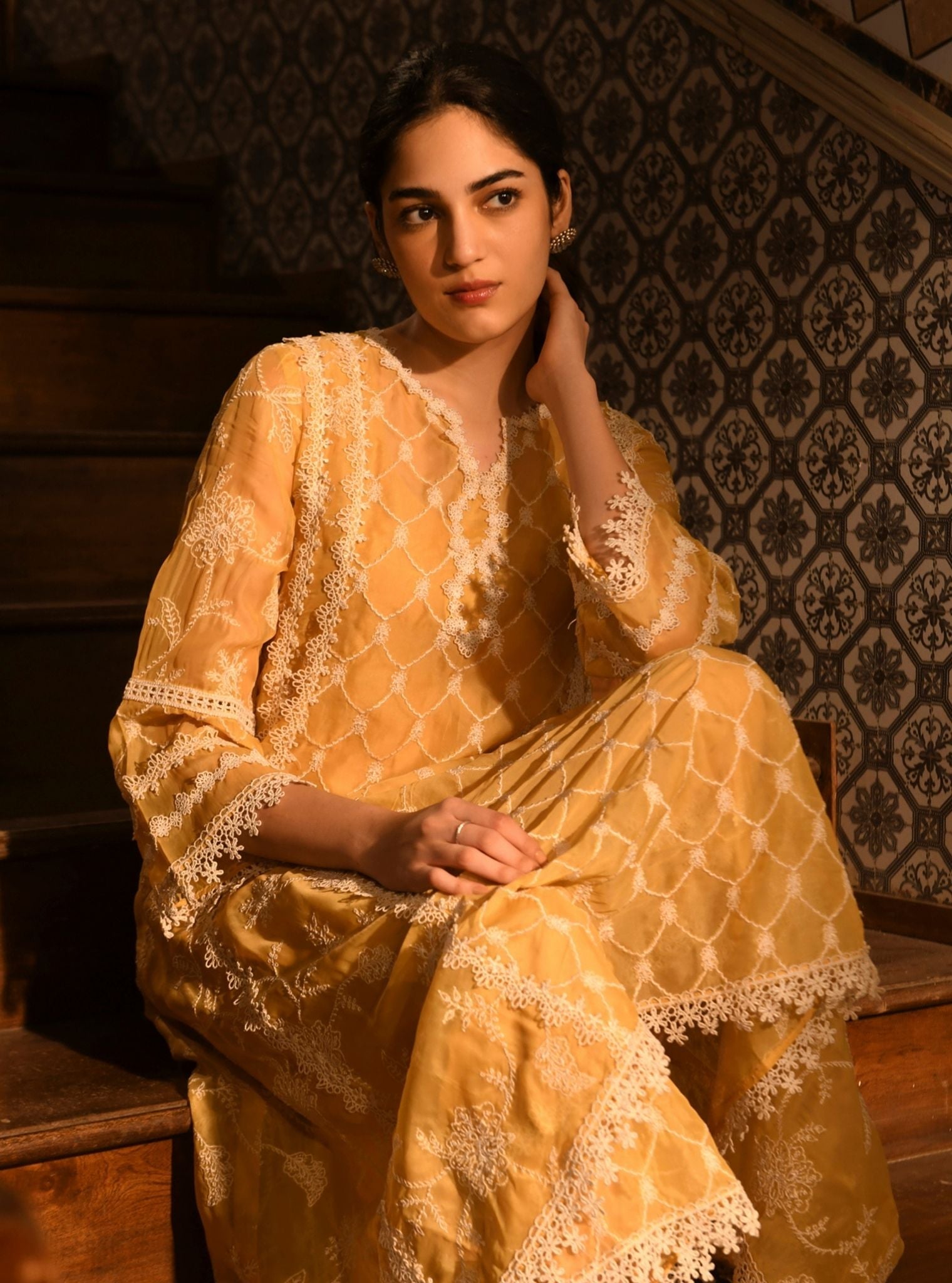 Mulmul Organza Barsin Yellow Anarkali Kurta With Mulmul Cotton Barsin Yellow Pant