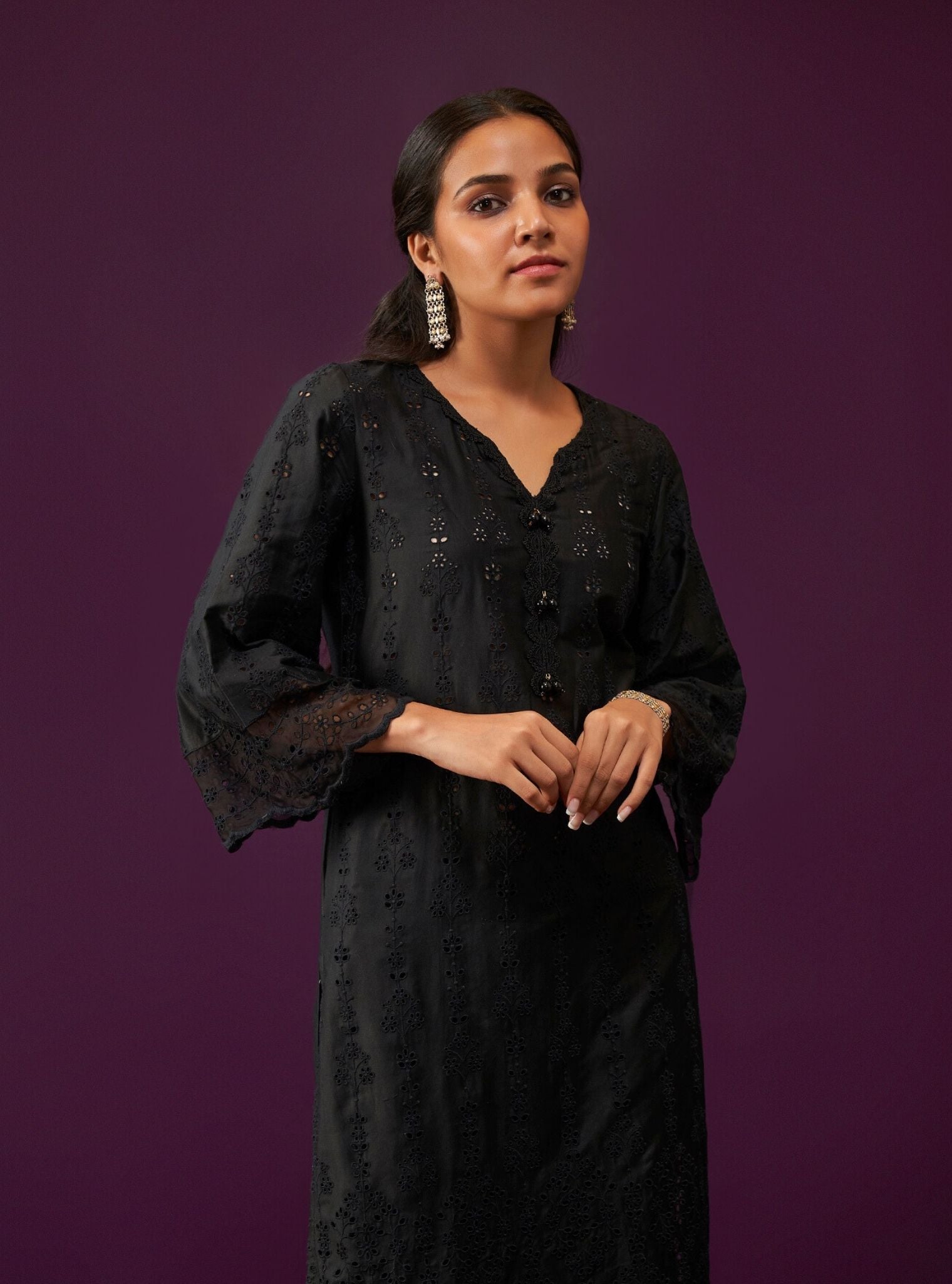 Mulmul Pima Satin Madee Black Kurta With Mulmul Pima Satin Madee Black Pant