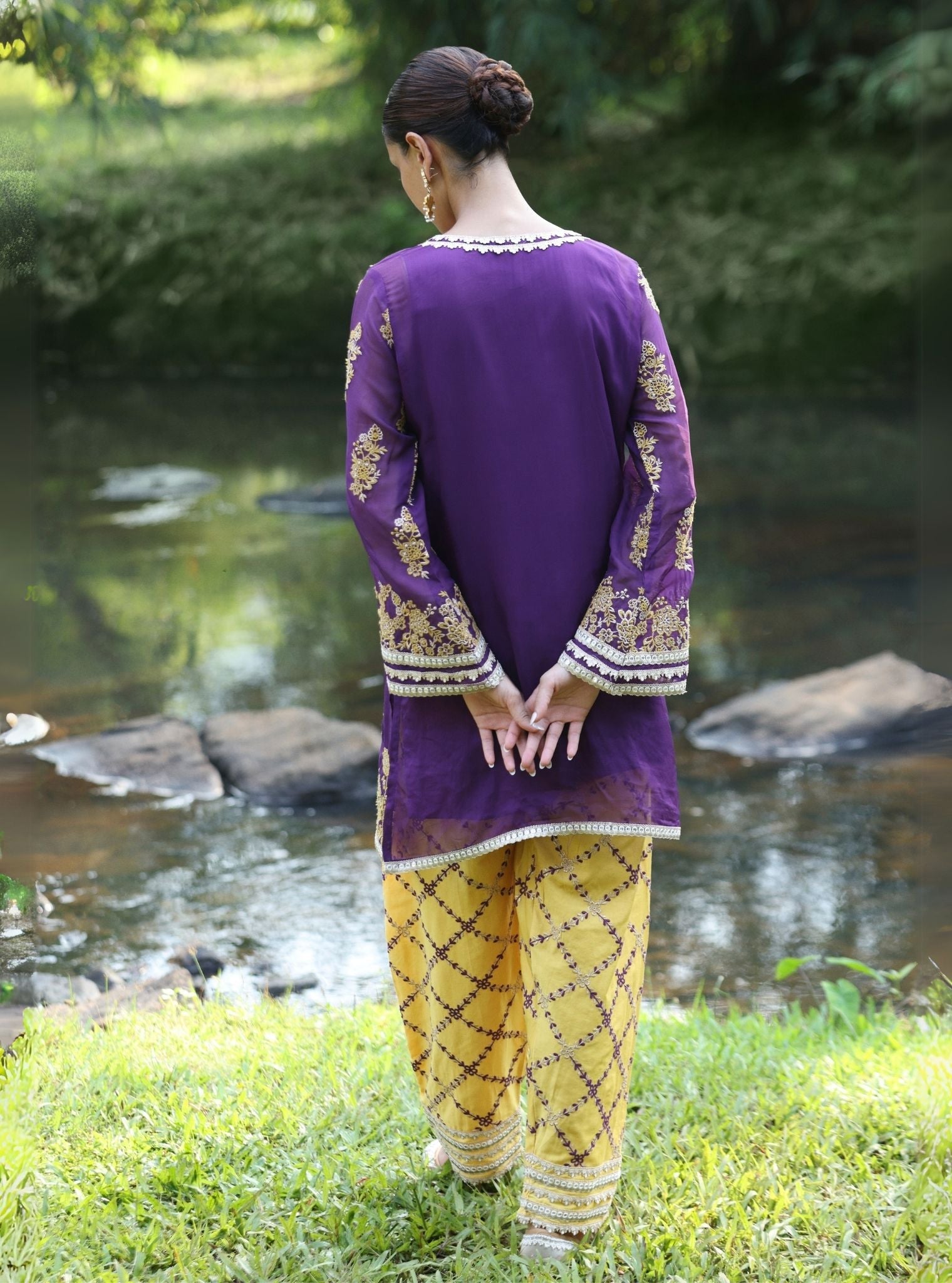 Mulmul Organza Khwab Purple Kurta With Mulmul Pima Satin Khwab Yellow Pant