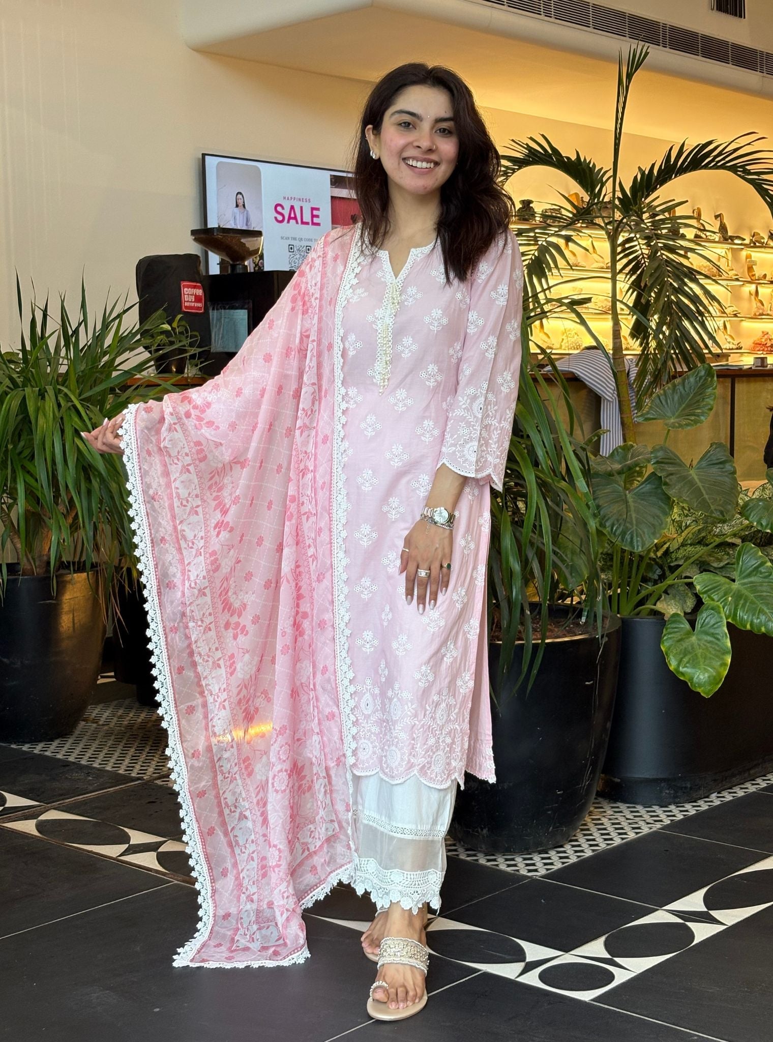 Arpora Supima Cotton Pink Kurta With Floral Lace Flared White Pant