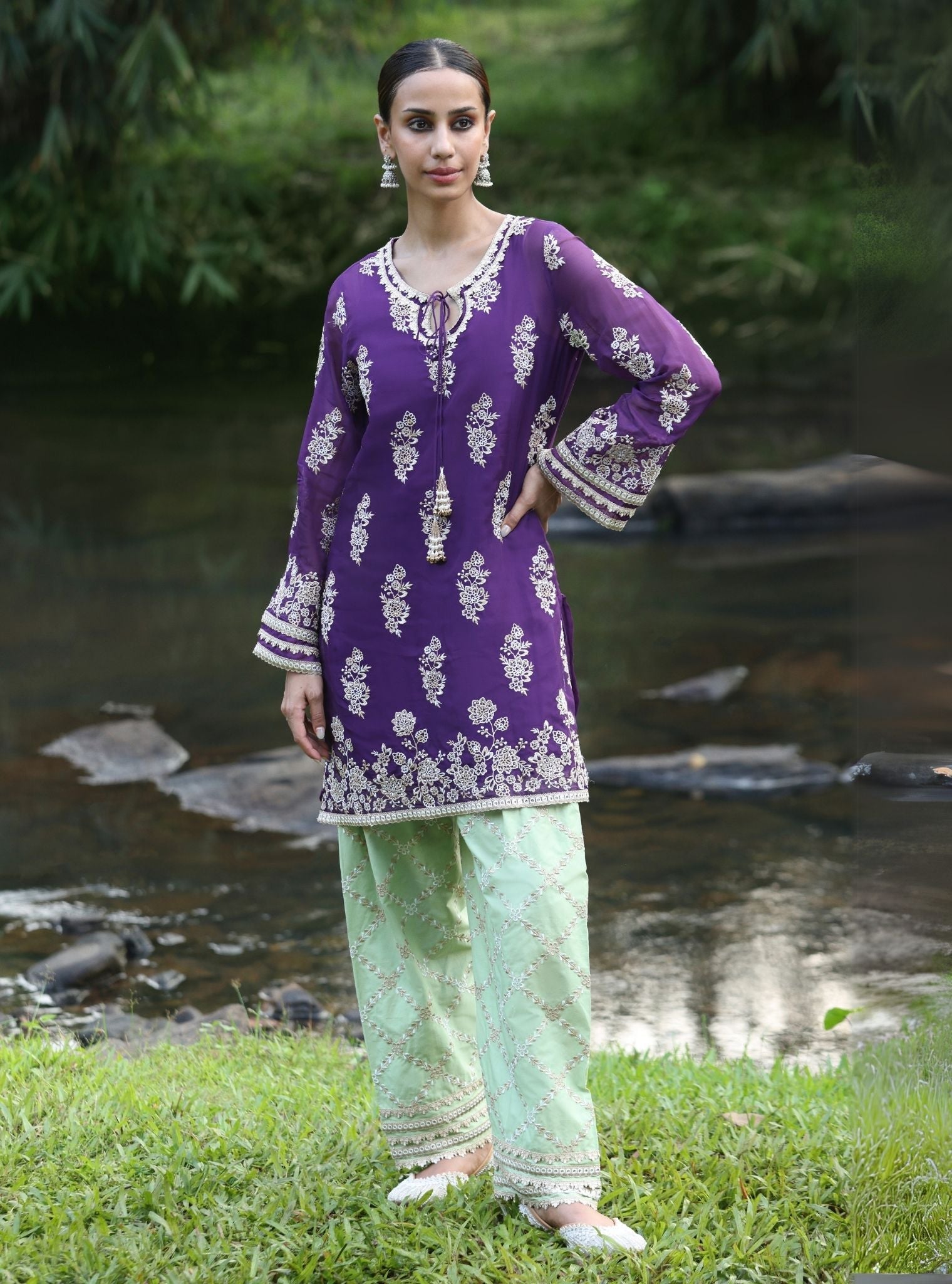 Mulmul Organza Khwab Purple Kurta With Mulmul Pima Satin Khwab Green Pant