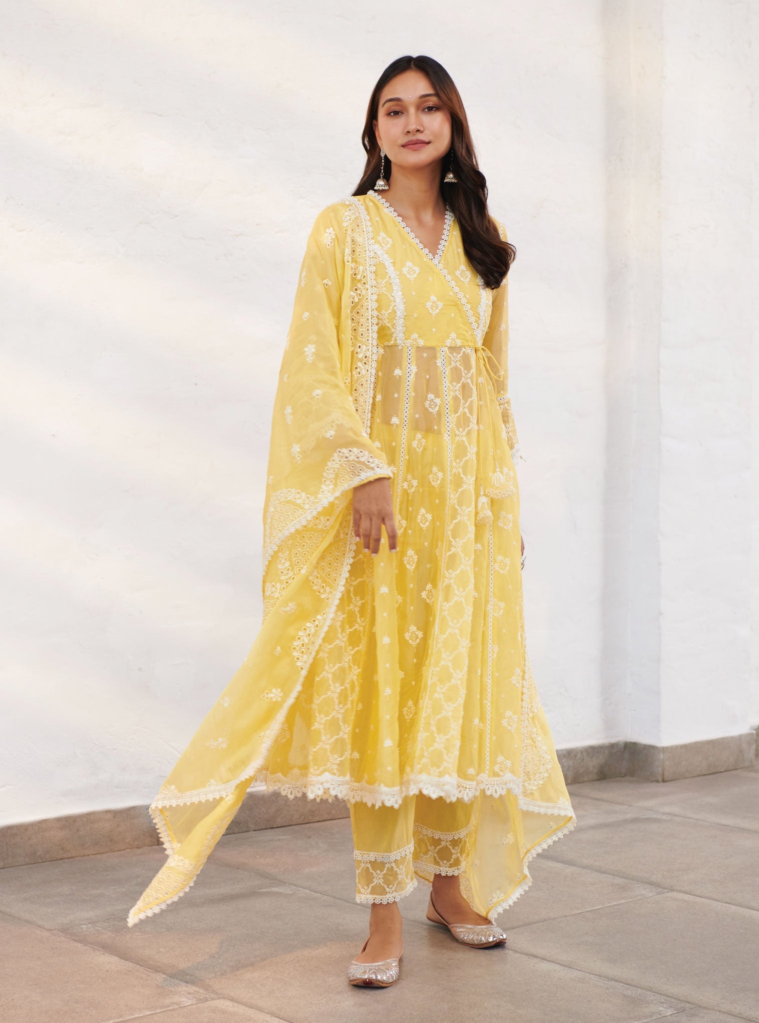 Mulmul Organza Morey Yellow Anarkali Kurta With Cotton Morey Yellow Pant