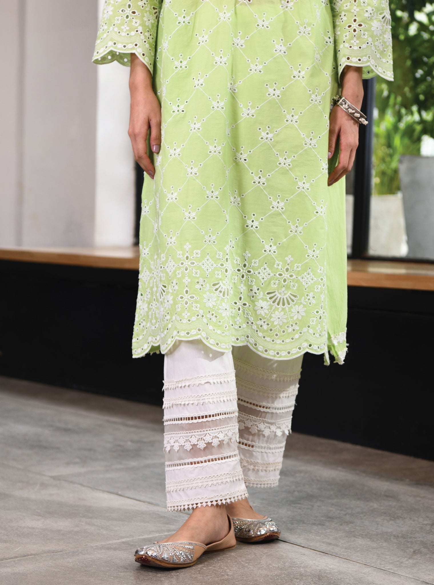 Mulmul Cotton Perth Green Kurta With Multi Lace Slim White Pant