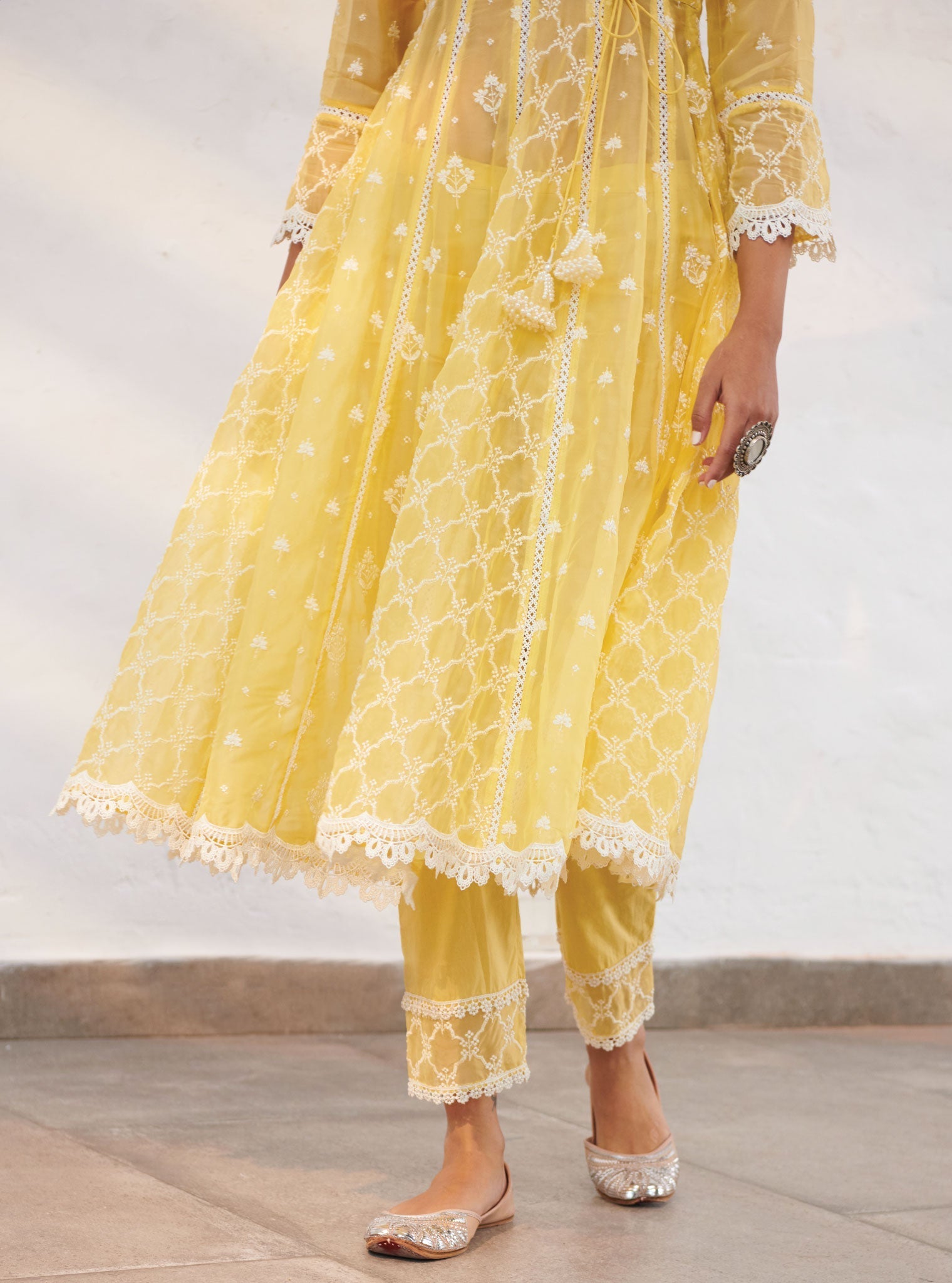 Mulmul Organza Morey Yellow Anarkali Kurta With Cotton Morey Yellow Pant