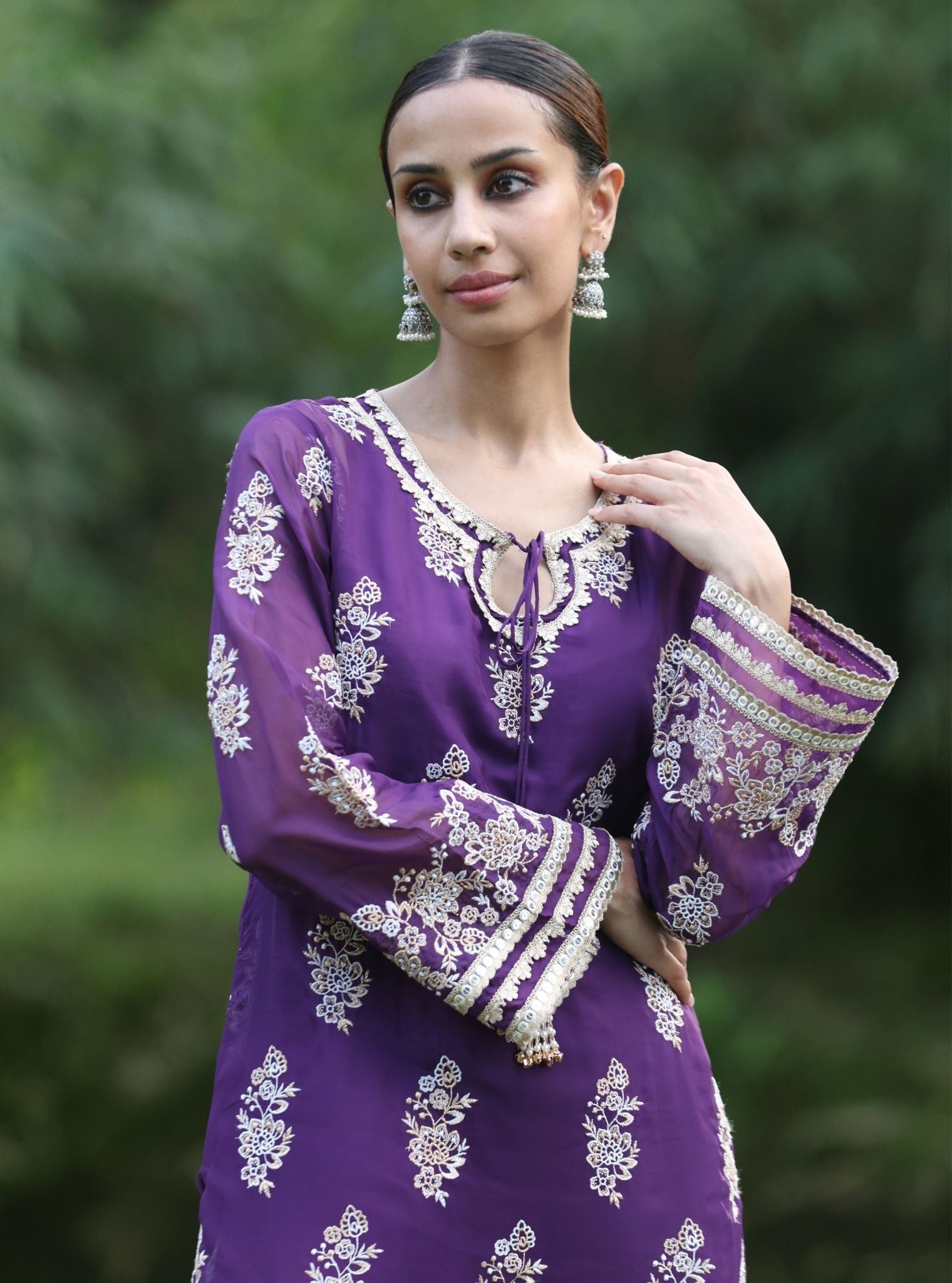 Mulmul Organza Khwab Purple Kurta With Mulmul Pima Satin Khwab Green Pant