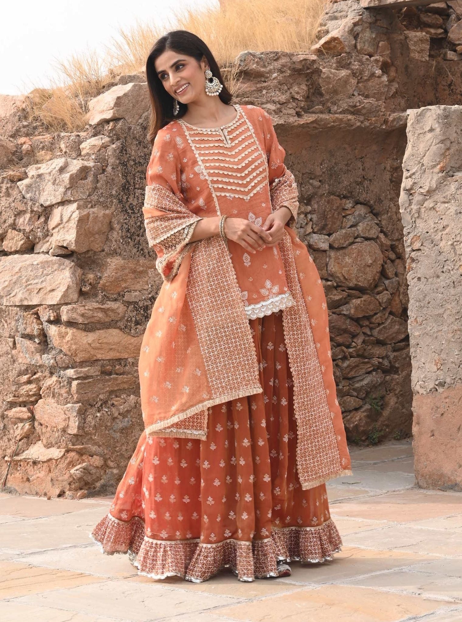 Mulmul Luxe Tissue Satin Lamhe Burnt Orange Kurta with Mulmul Luxe Tissue Lamhe Burnt Orange Skirt