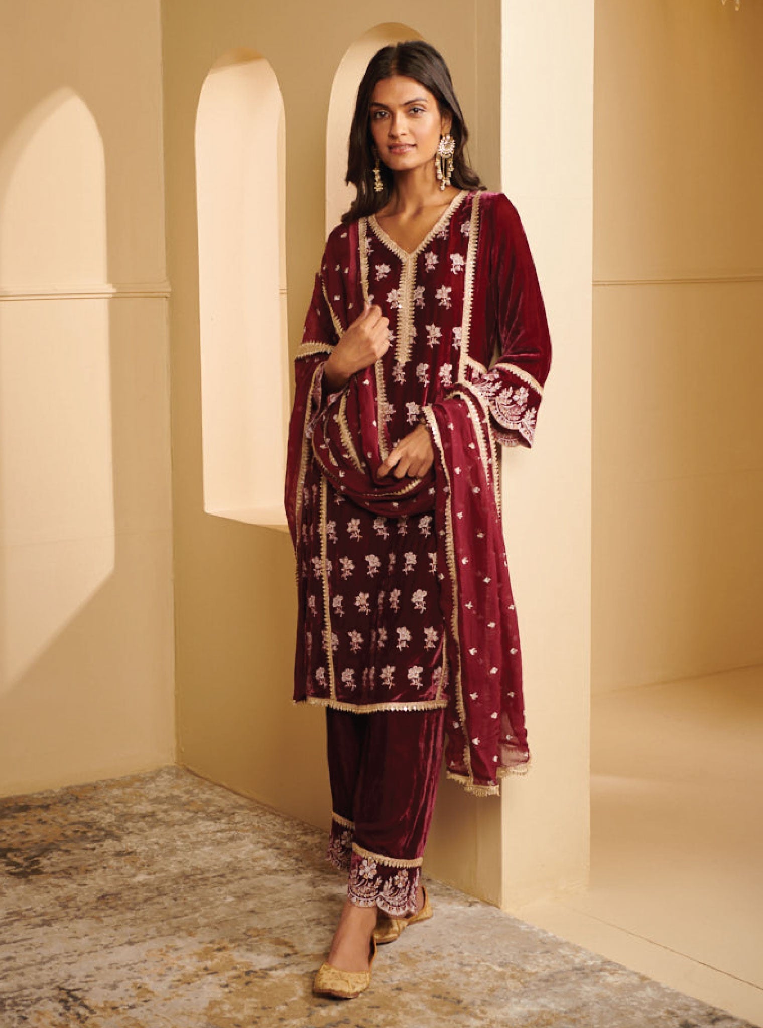 Naia Velvet Wine Kurta Set