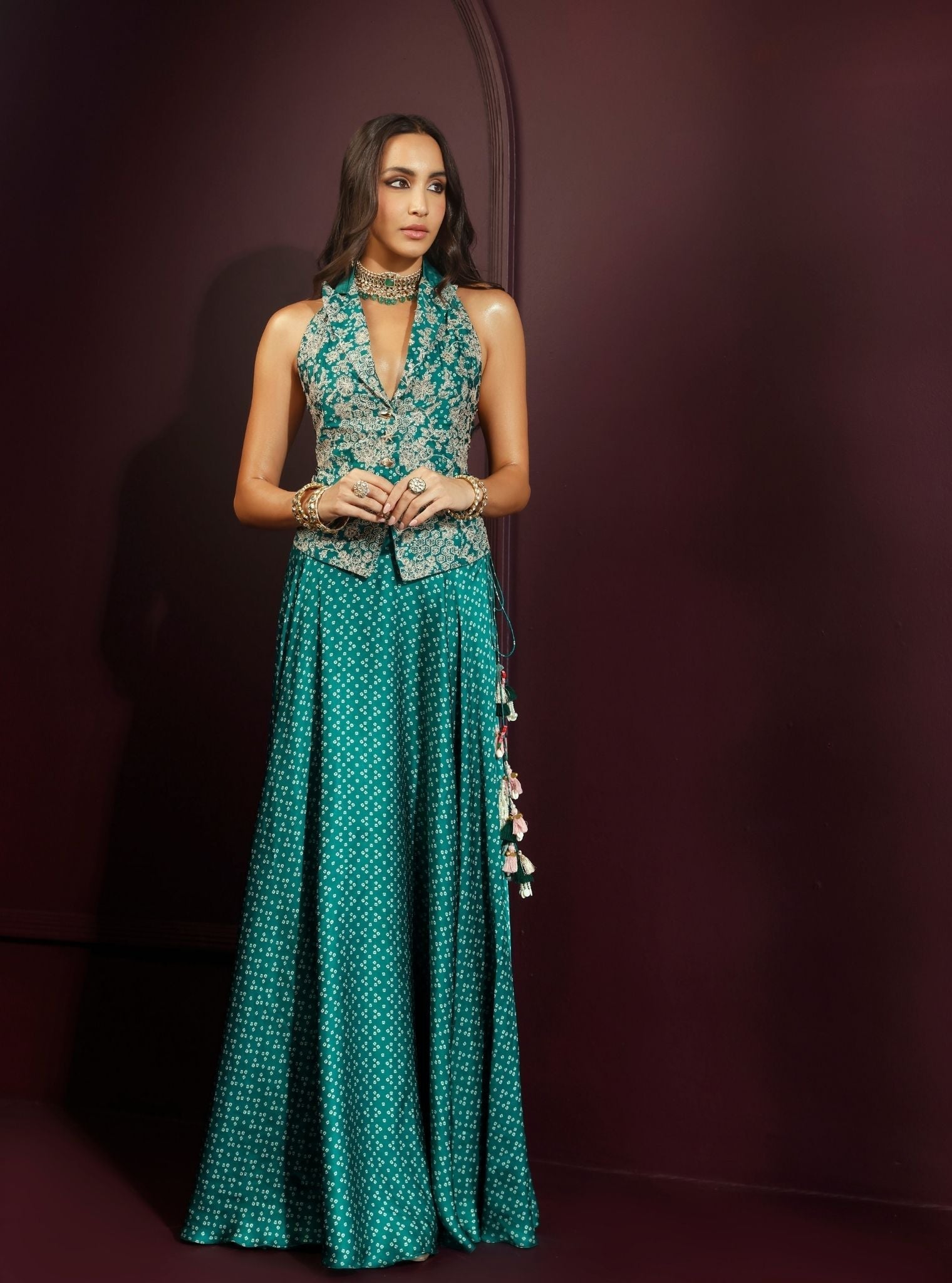 Kuhu Cupro Satin Printed Emerald Green Waistcoat with Skirt