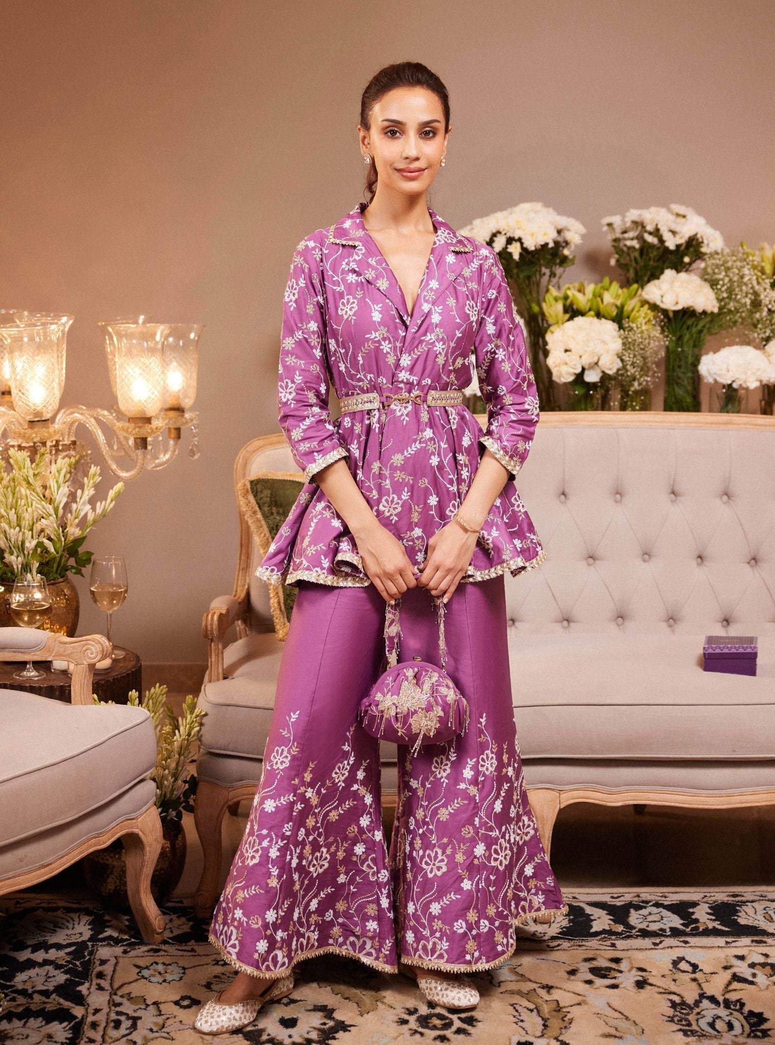 Mulmul Pima Satin Preeda Purple Top With Mulmul Pima Satin Preeda Purple Pant