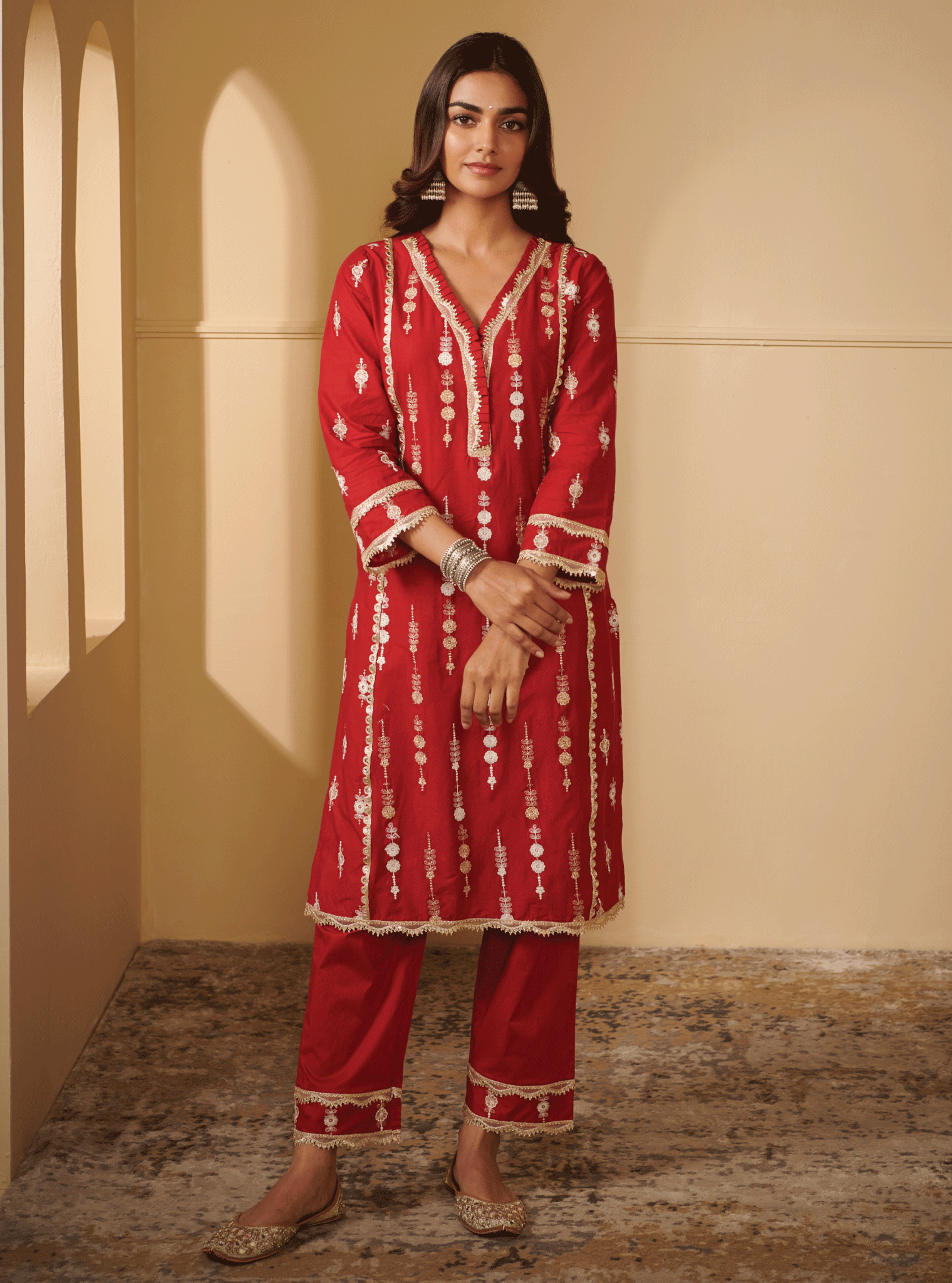 Mulmul Cotton Beki Red Kurta With Beki Red Pant