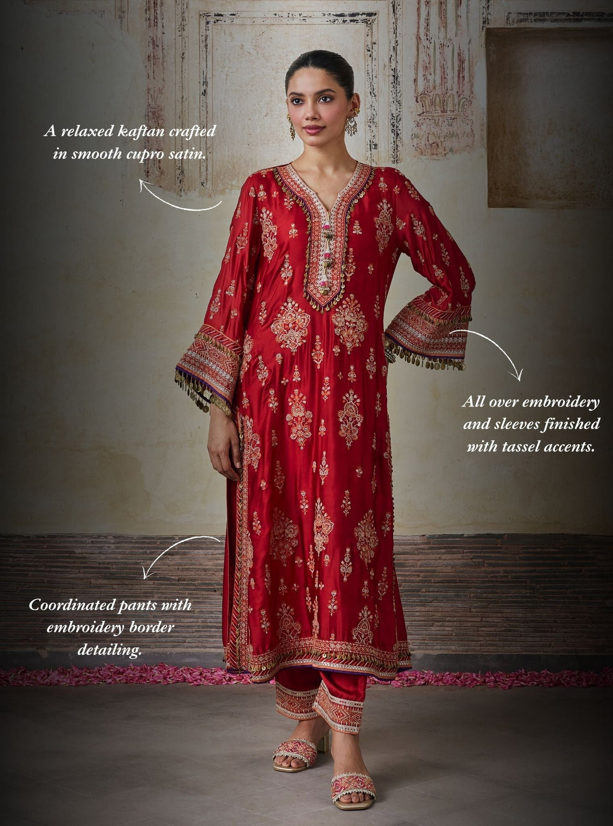 Koyal Cupro Satin Red Kaftan Set