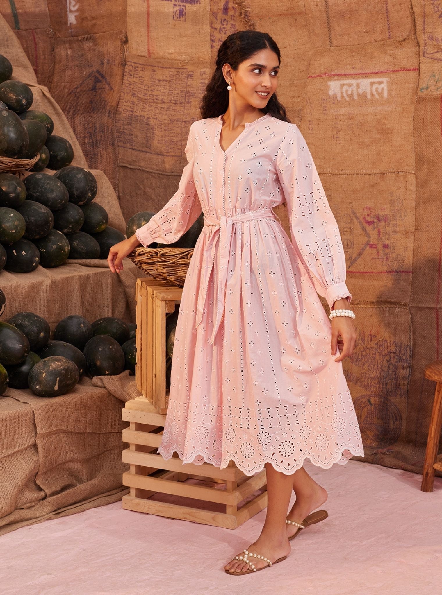 Mulmul Cotton Emy Light Pink Long Dress