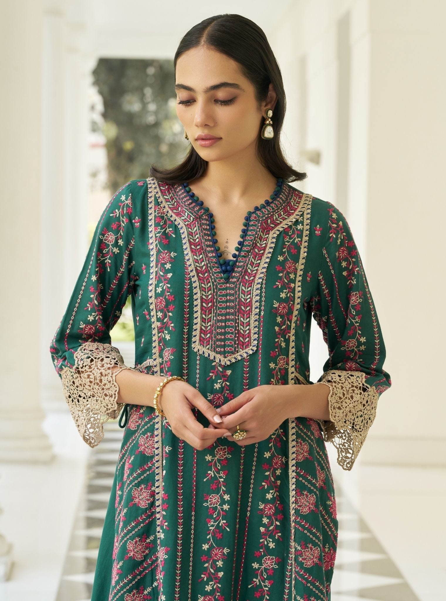 Khayal Pima Satin Bottle Green Kurta Set