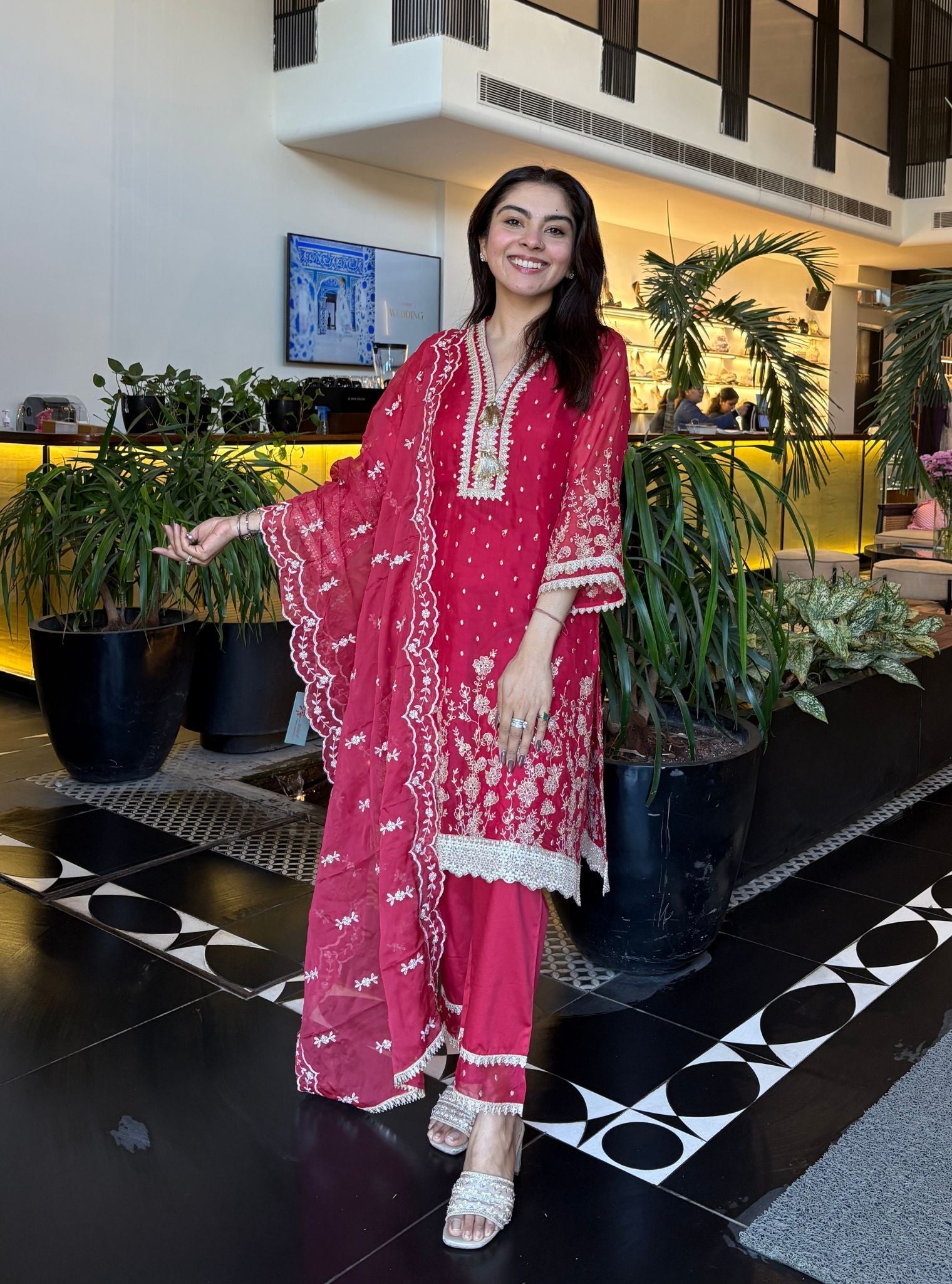 Gajra Organza Red Kurta With Gajra Pima Satin Red Pant