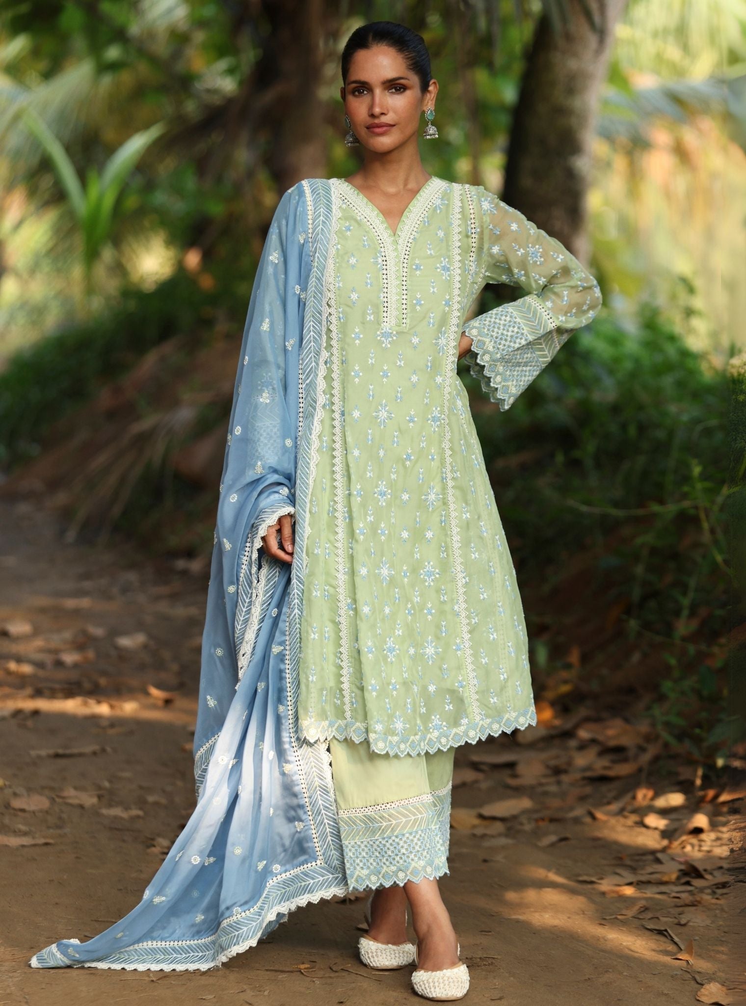 Mulmul Organza Smitha Green Anarkali Kurta With Mulmul Cotton Smitha Green Pant