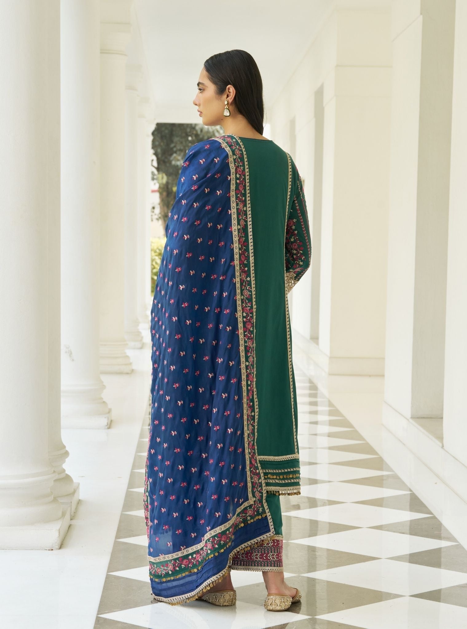 Khayal Pima Satin Bottle Green Kurta Set