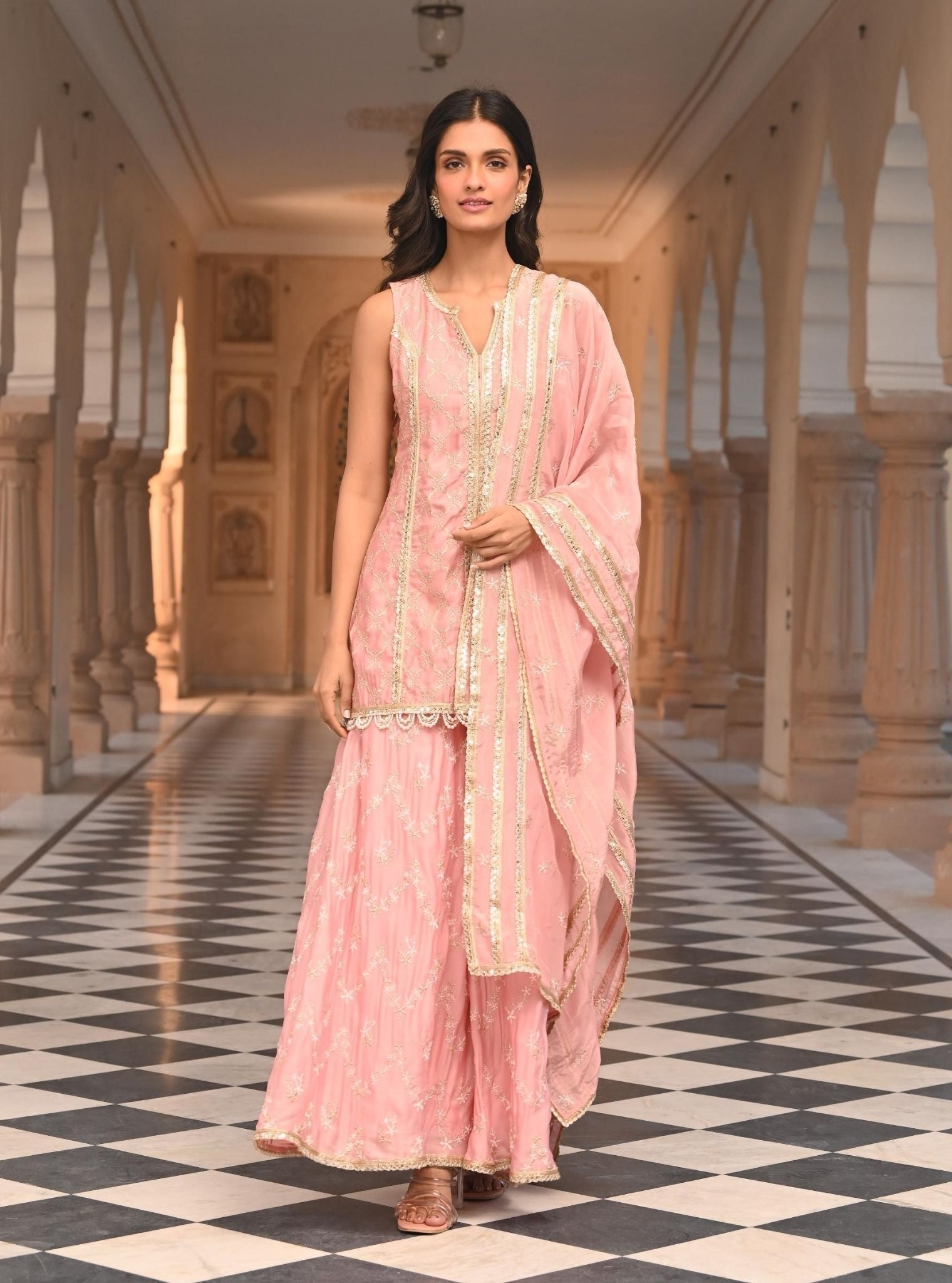 Ainah Organza Satin Light Pink Kurta with Sharara Set