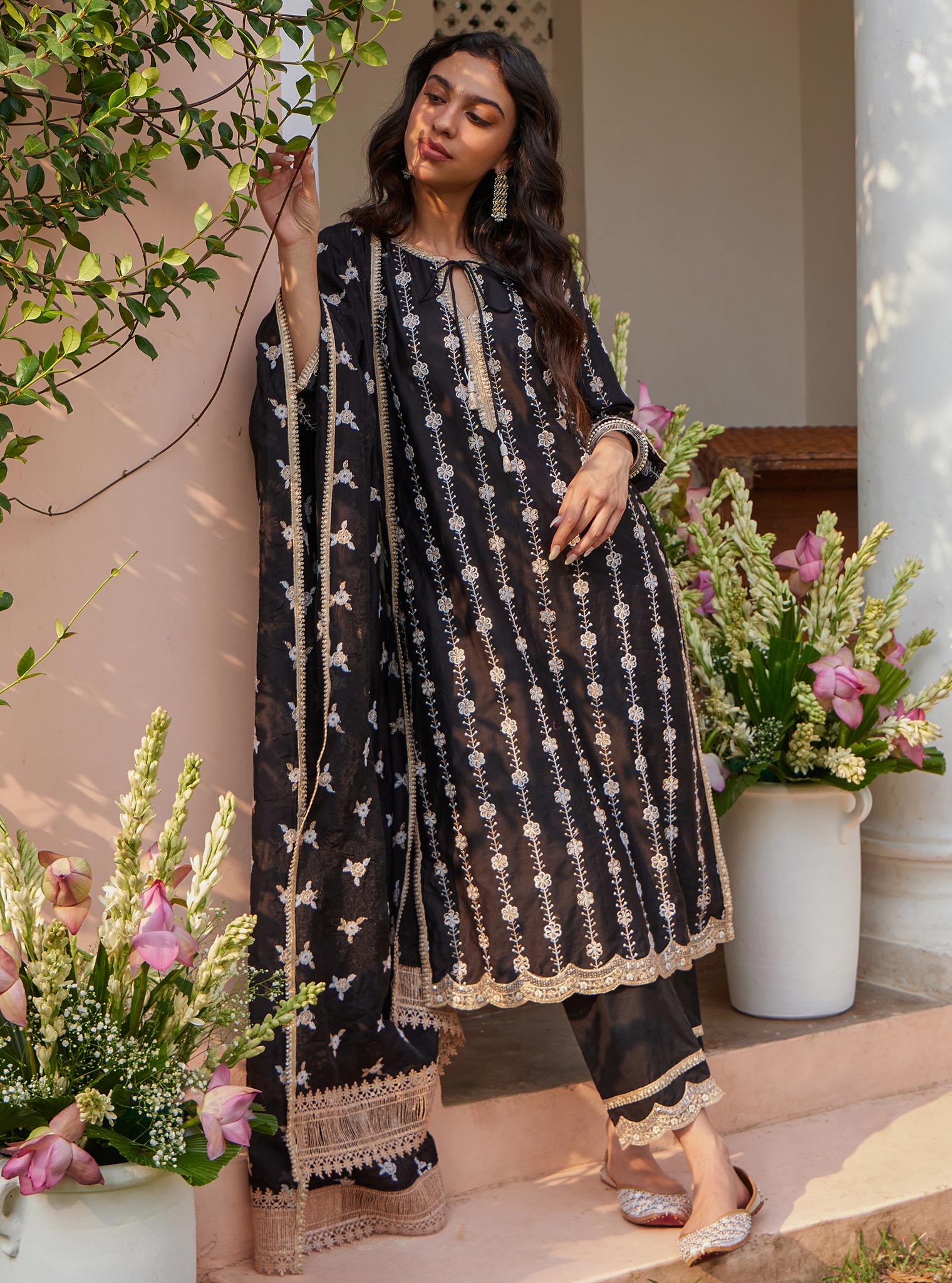 Mulmul Pima Jheel Black Kurta With Mulmul Jheel Black Pant