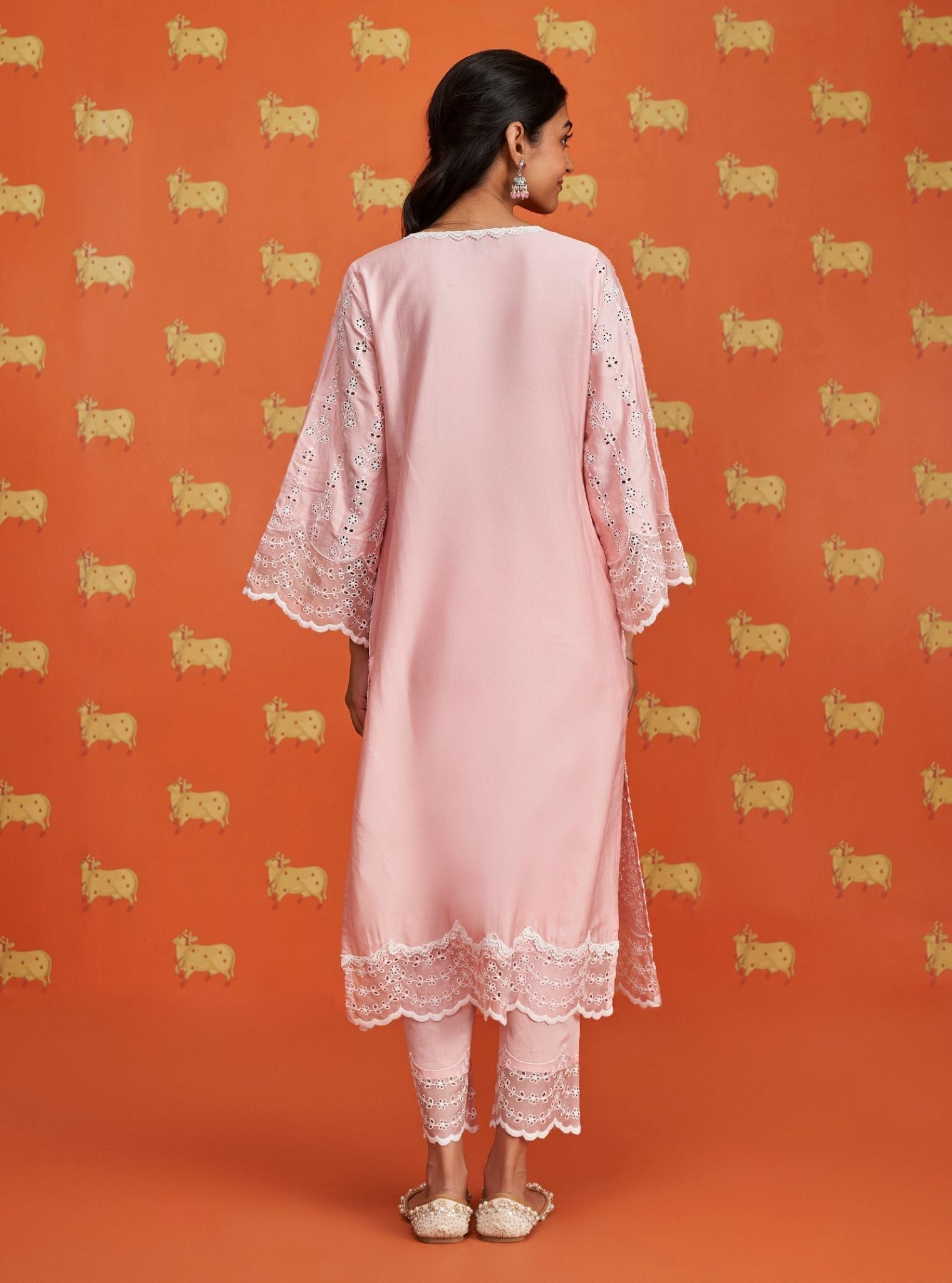 Mulmul Pima Satin Madee Pink Kurta With Mulmul Pima Satin Madee Pink Pant