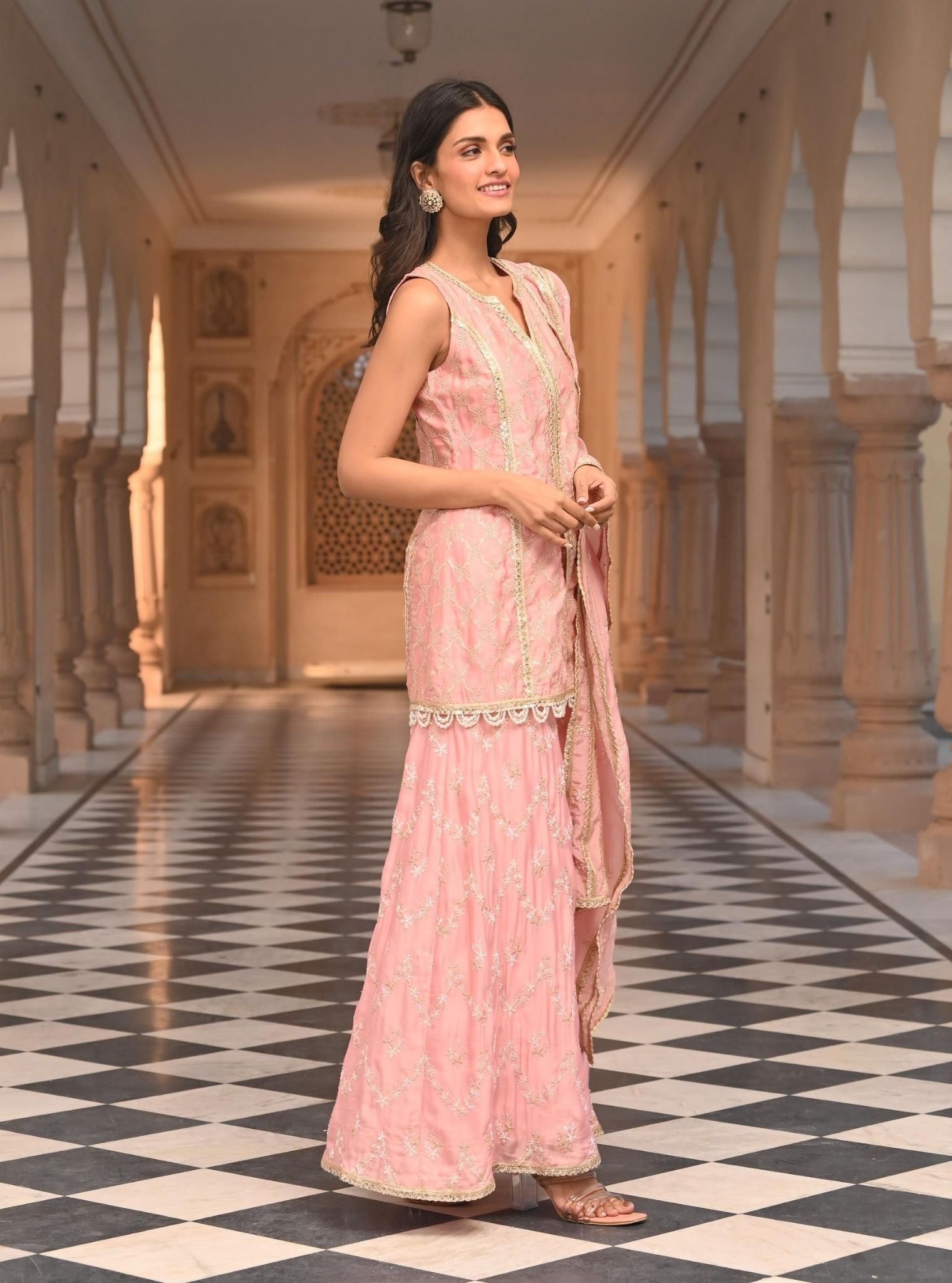 Ainah Organza Satin Light Pink Kurta with Sharara Set