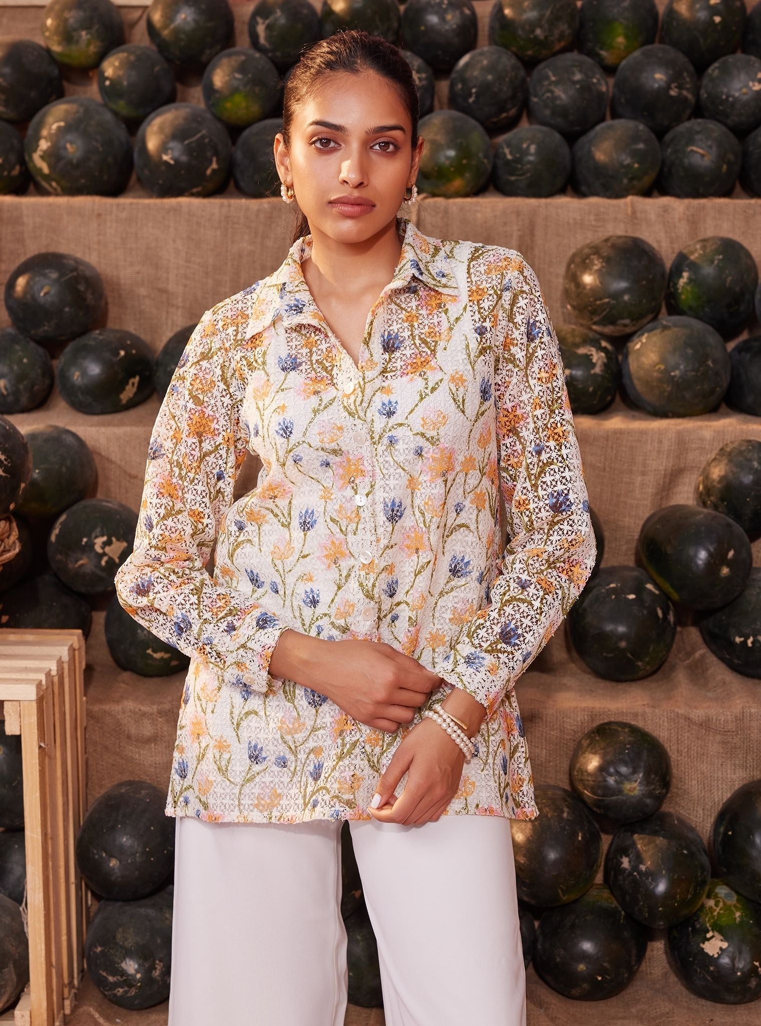 Mulmul Guipure Lia White Printed Shirt