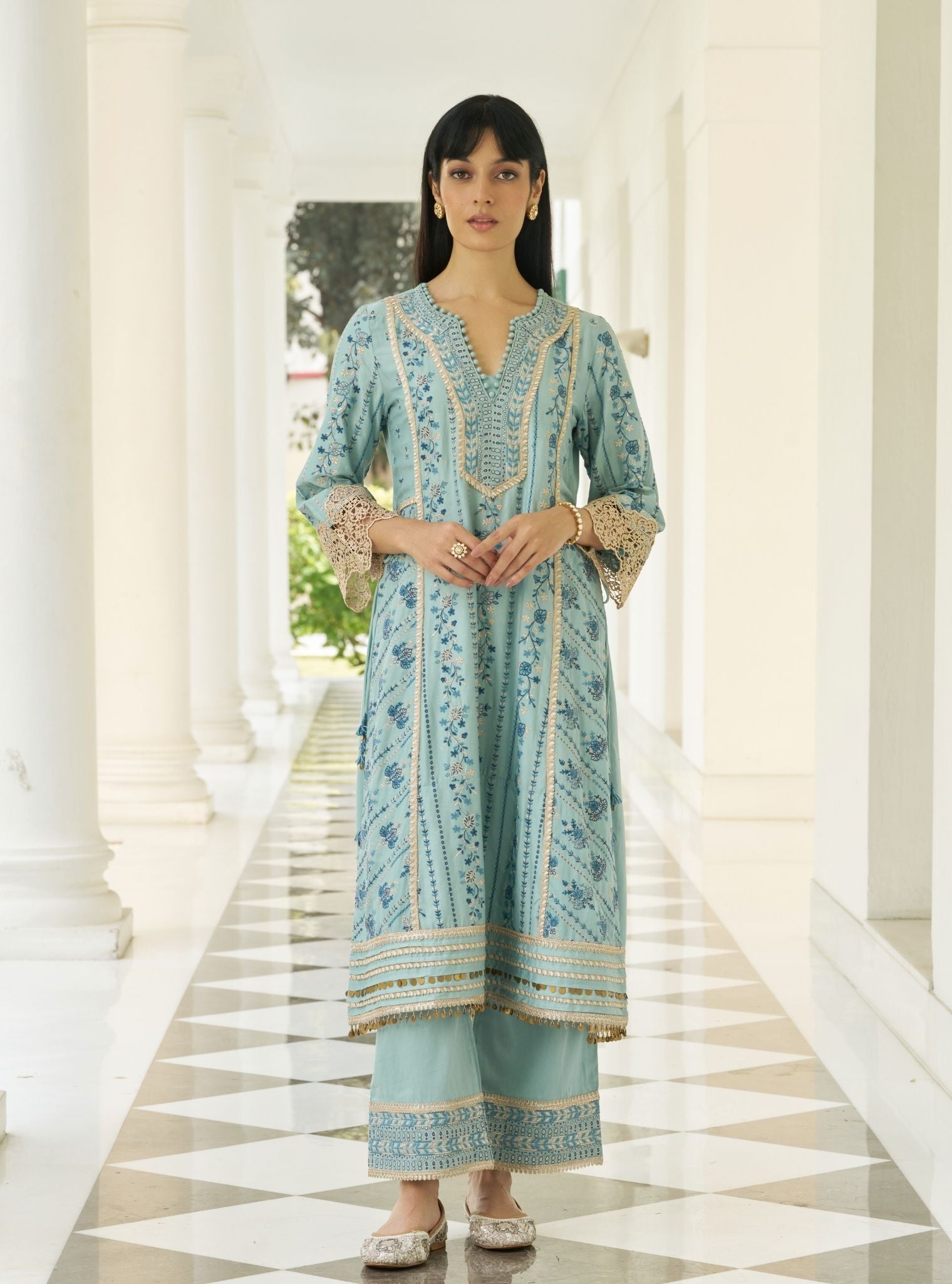 Khayal Pima Satin Blue Kurta Set