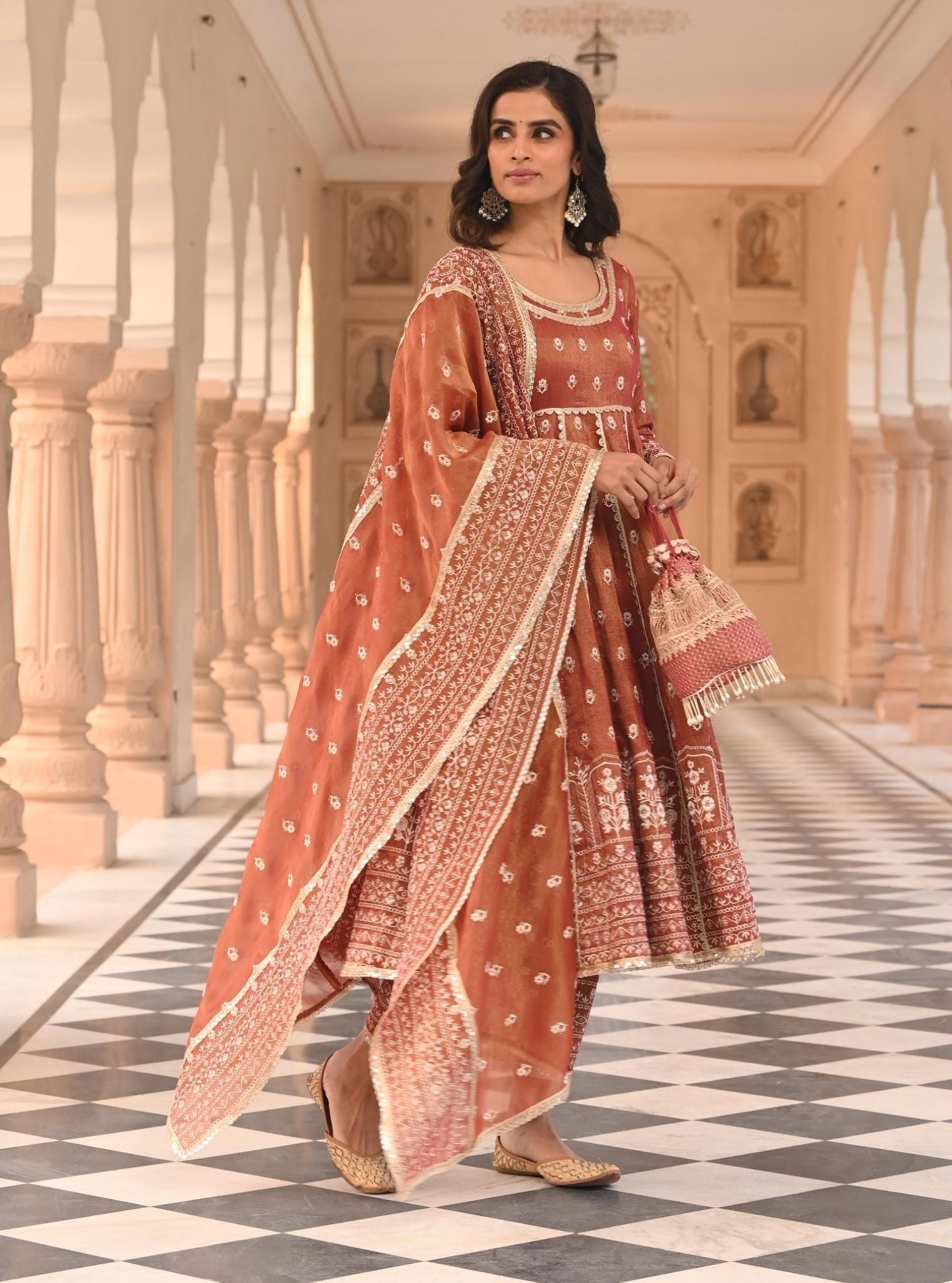 Mulmul Luxe Tissue Satin Mastani Red Anarkali Kurta with Mulmul Tissue Satin Mastani Red Pant