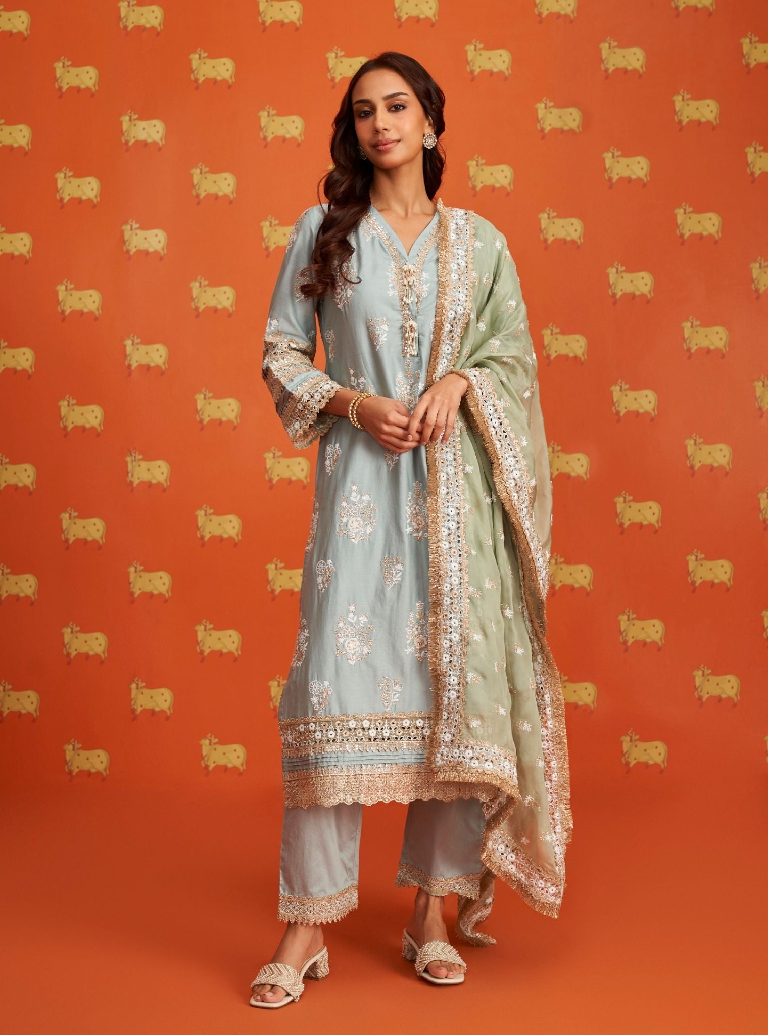 Nalin Pima Satin Light Blue Kurta Set