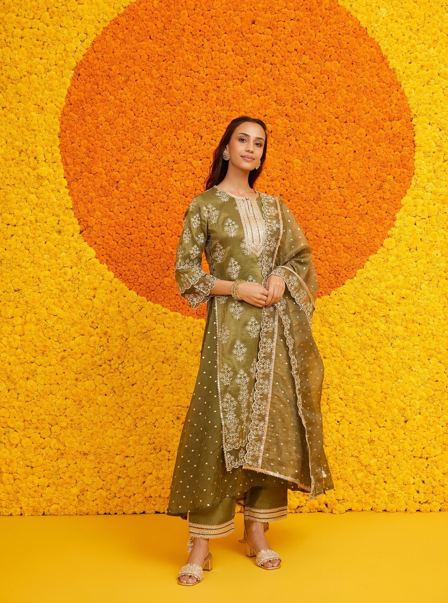 Mulmul Tissue Linen Satin Evelina Moss Green Kurta With Mulmul Tissue Linen Satin Evelina Moss Green Pant