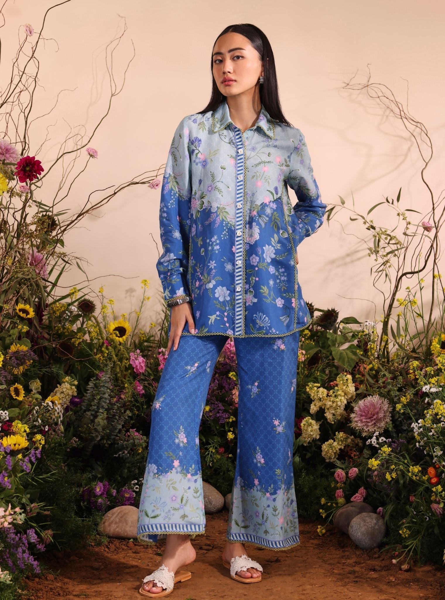 Mulmul Lawn Printed Oona Navy Shirt With Mulmul Lawn Printed Oona Navy Pant