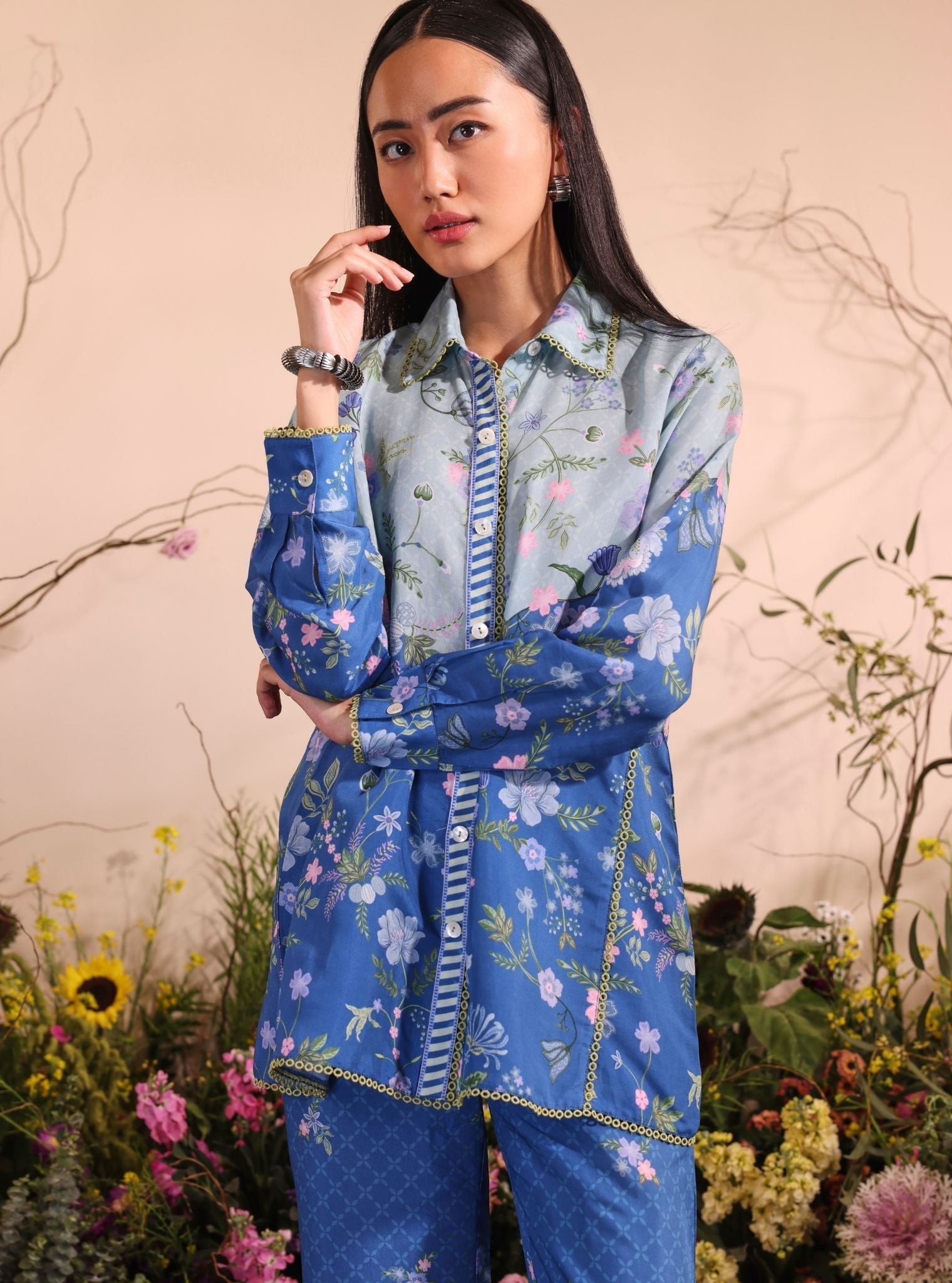 Mulmul Lawn Printed Oona Navy Shirt With Mulmul Lawn Printed Oona Navy Pant
