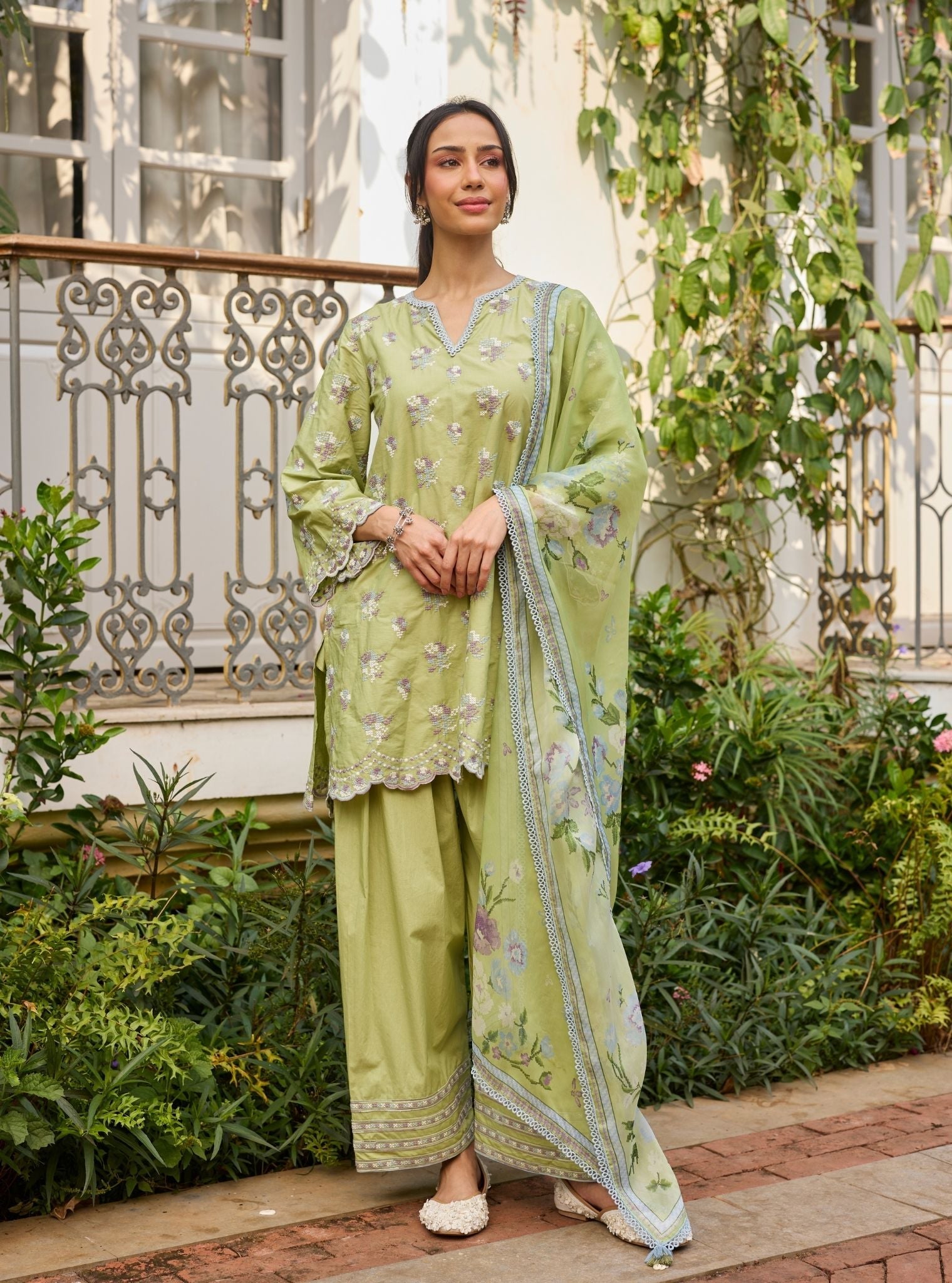 Aviya Supima Cotton Green Kurta With Farshi Salwar