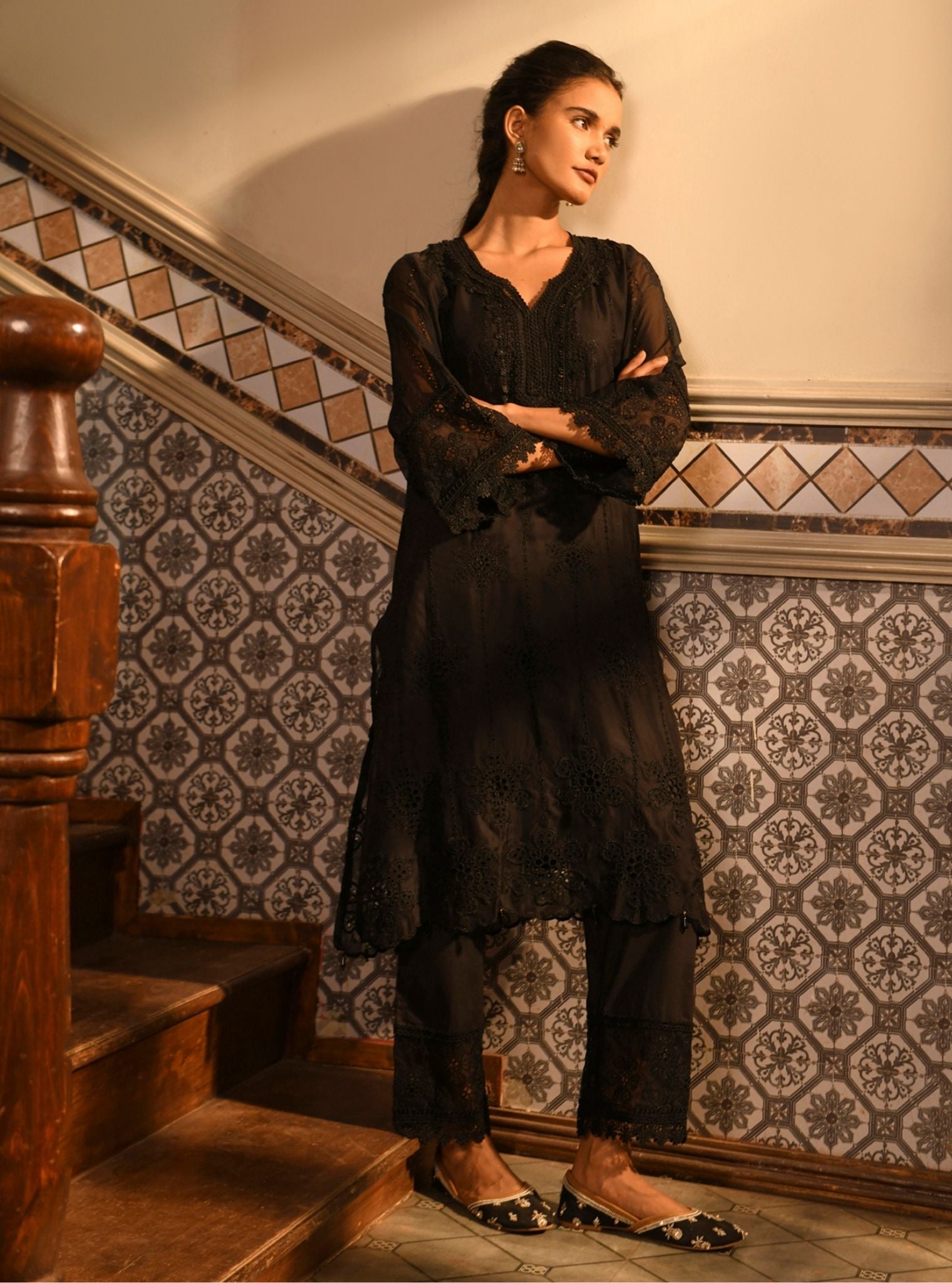 Mulmul Organza Bita Black Kurta With Mulmul Cotton Bita Black Pant