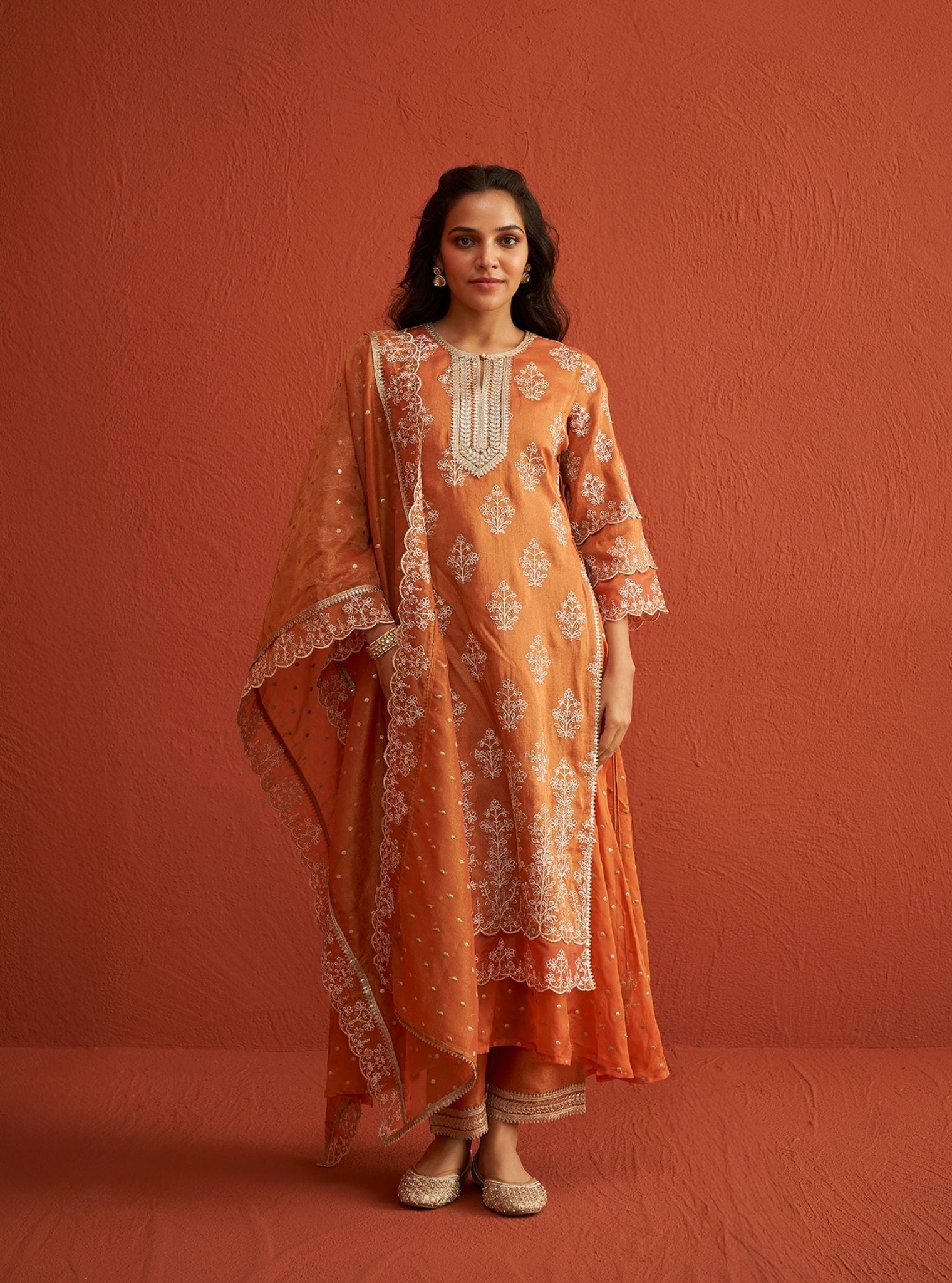Evelina Tissue Linen Satin Burnt Orange Kurta Set
