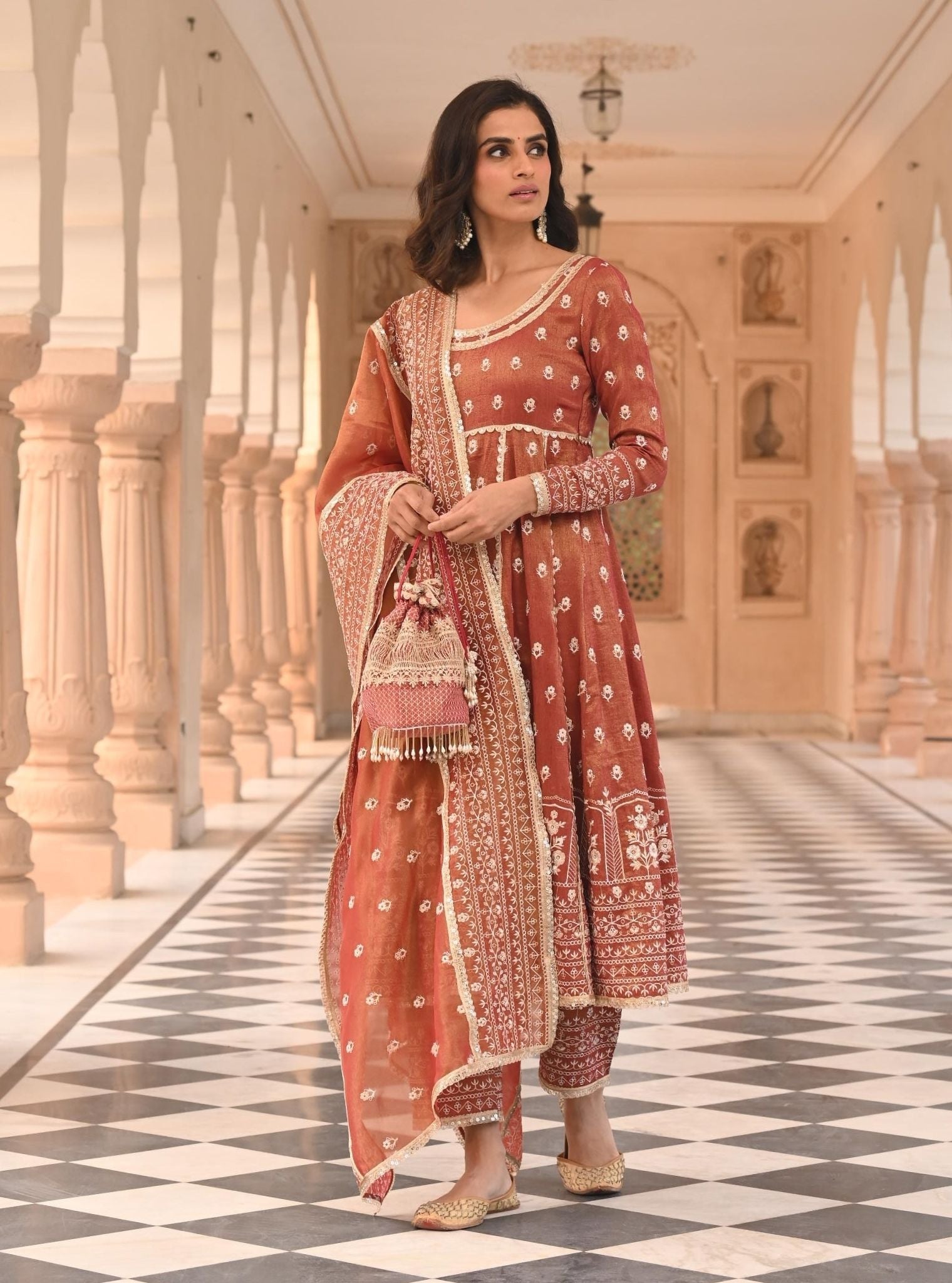 Mulmul Luxe Tissue Satin Mastani Red Anarkali Kurta with Mulmul Tissue Satin Mastani Red Pant