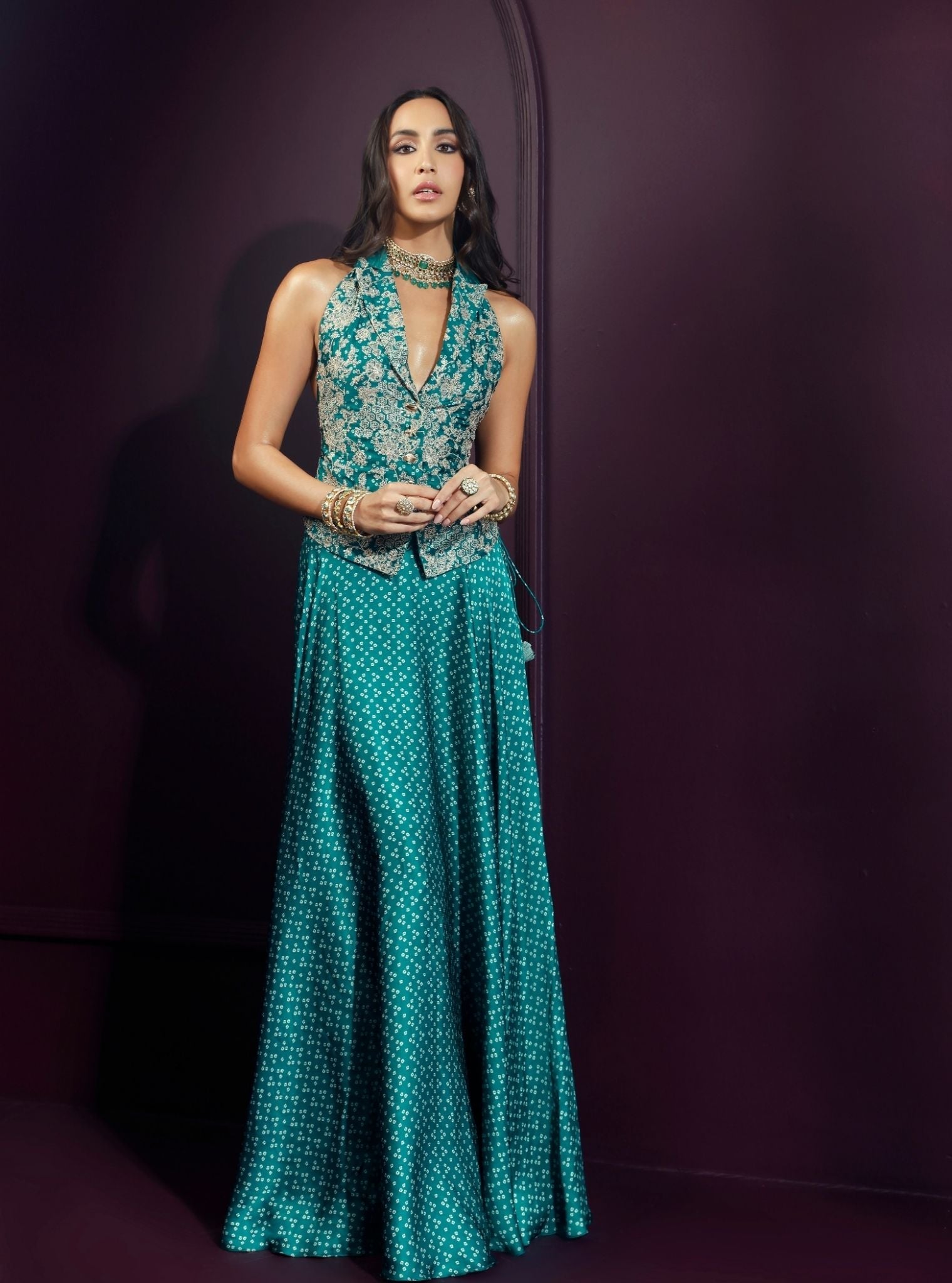 Kuhu Cupro Satin Printed Emerald Green Waistcoat With Wide Pleated Skirt