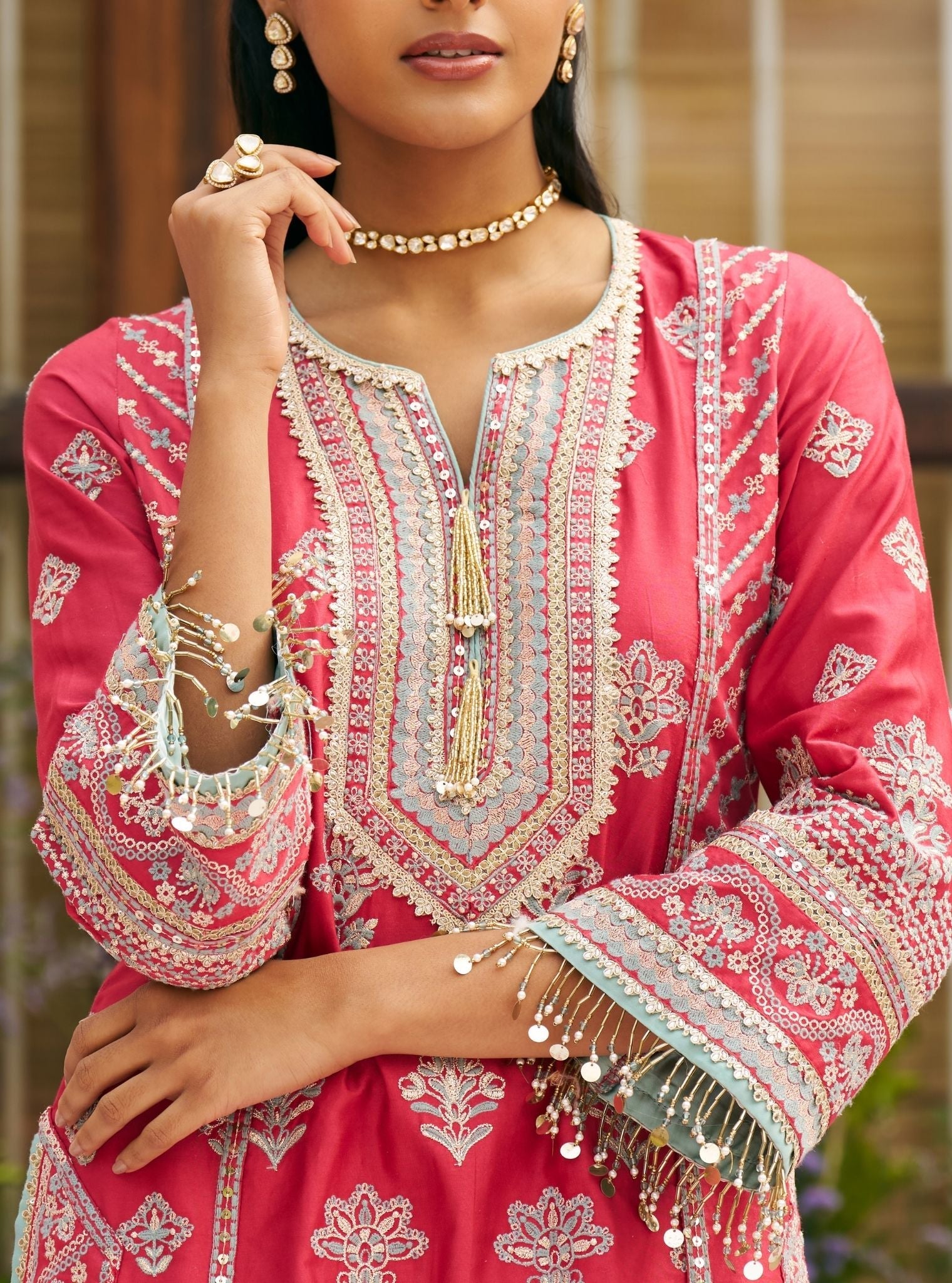 Khumari Pima Satin Red Kurta Set