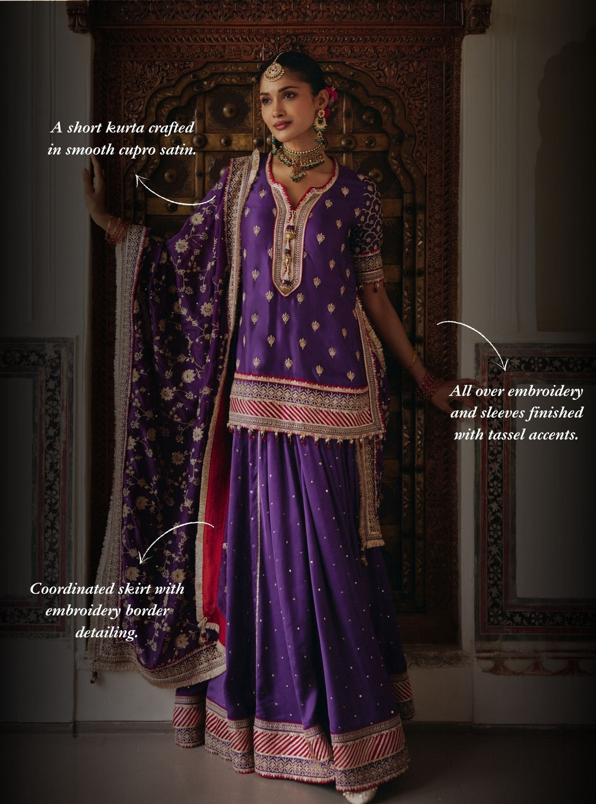 Talai Cupro Satin Purple Short Kurta with Lehenga