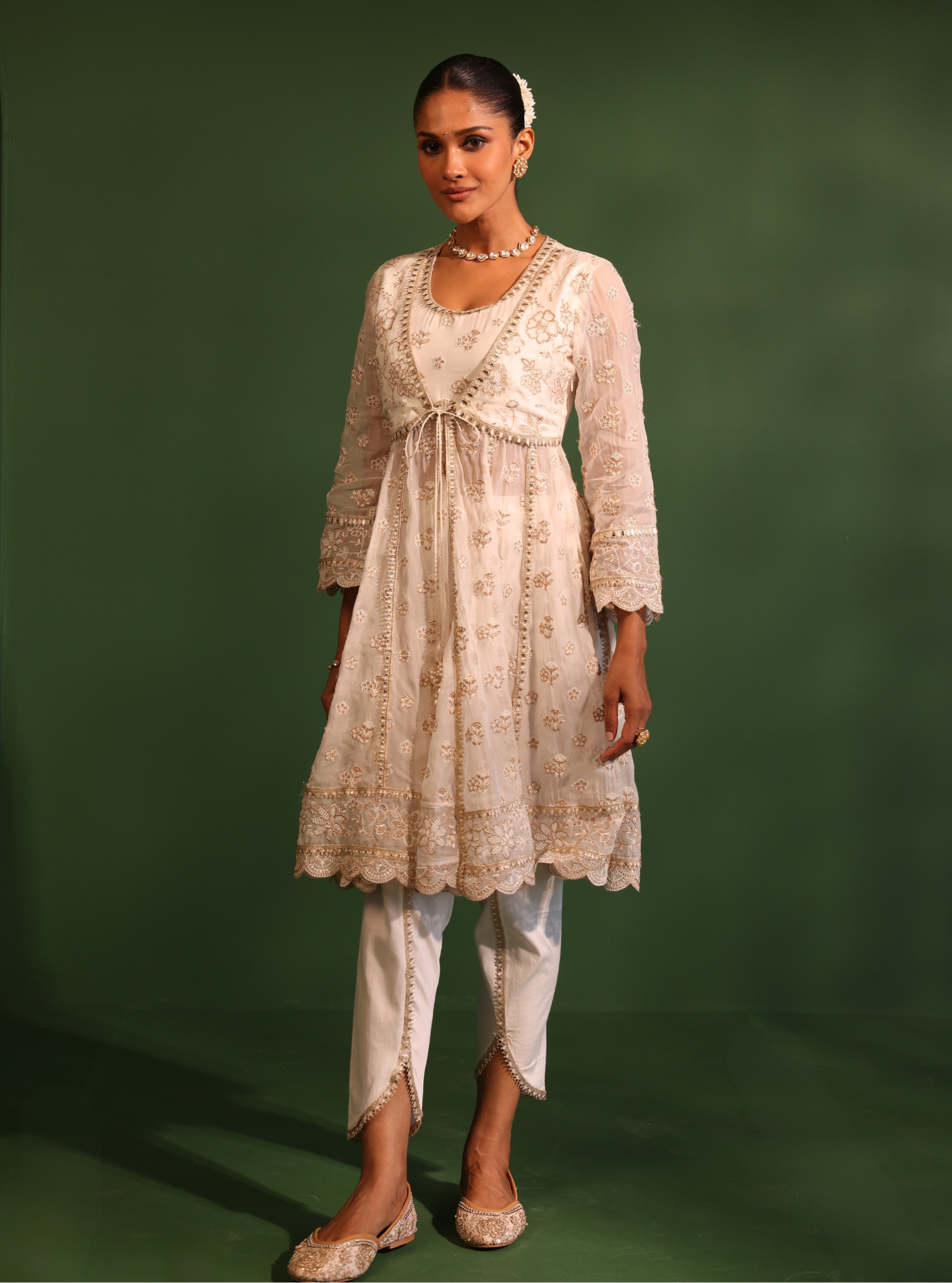 Mulmul Organza Gaatha Off White Short Anarkali Kurta With Mulmul Pima Satin Gaatha Off White Dhoti Pant